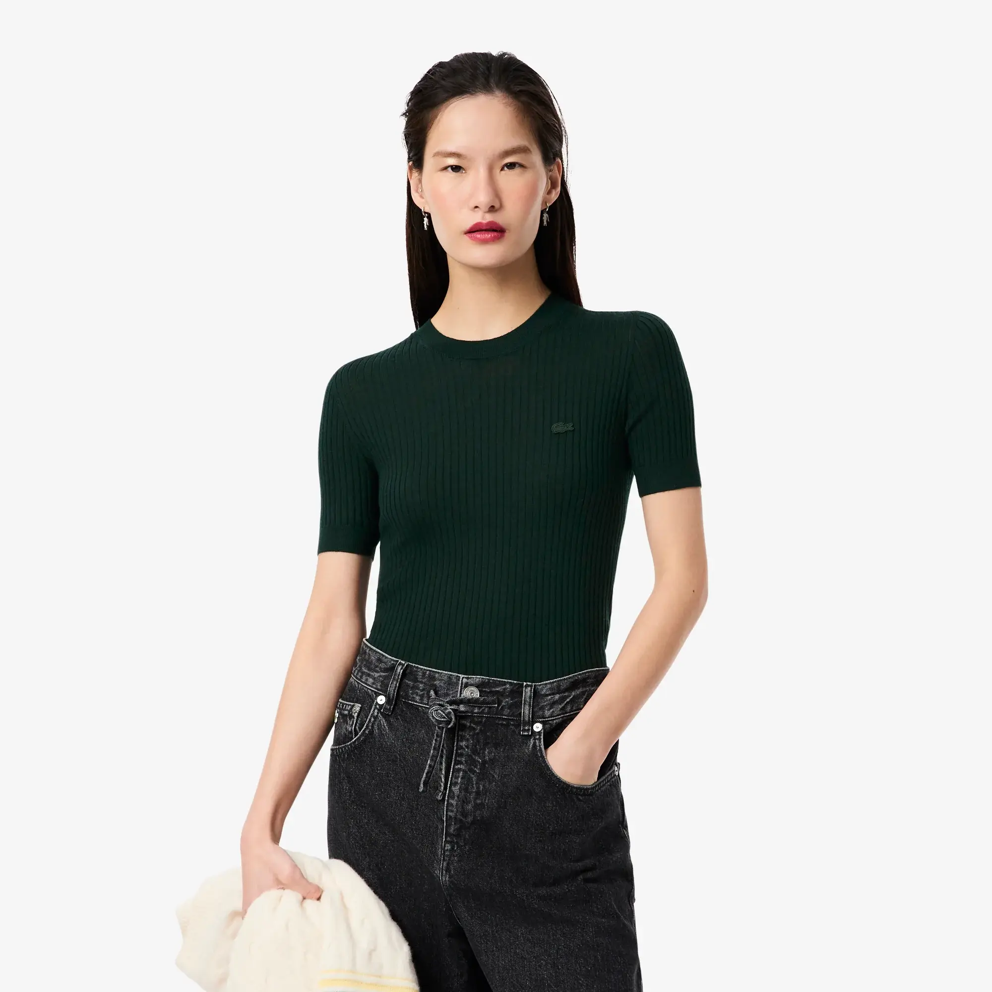 Lacoste Short Sleeved Merino Wool Rib Knit Sweater - Sinople Green