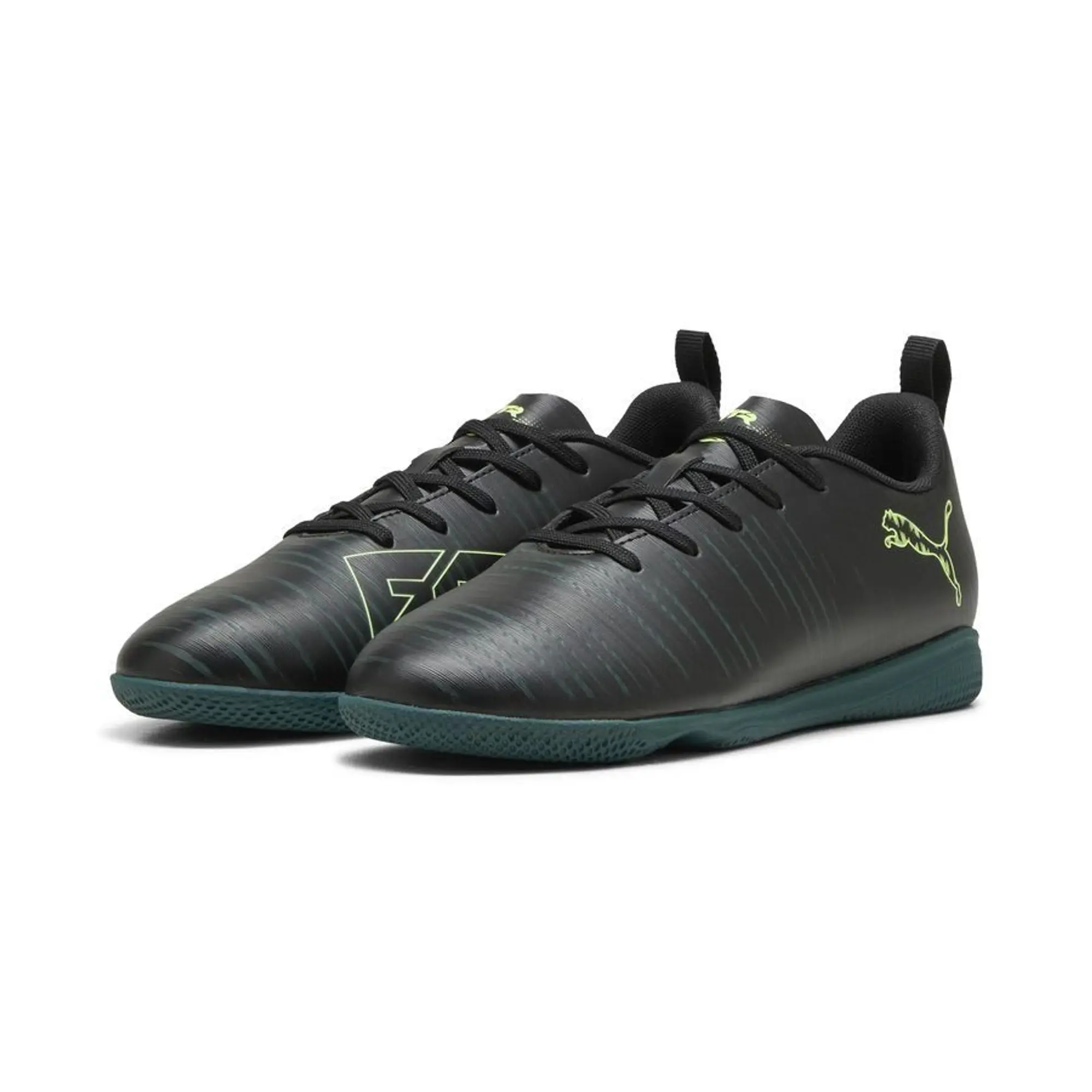 PUMA Future 8 Play Futsal Boots Youth, Black/Fizzy Light/Green Terrain, size 1