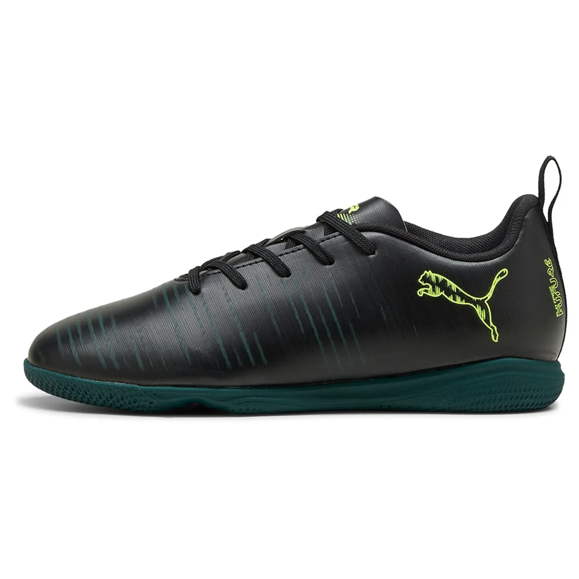 PUMA Future 8 Play Futsal Boots Youth, Black/Fizzy Light/Green Terrain, size 1