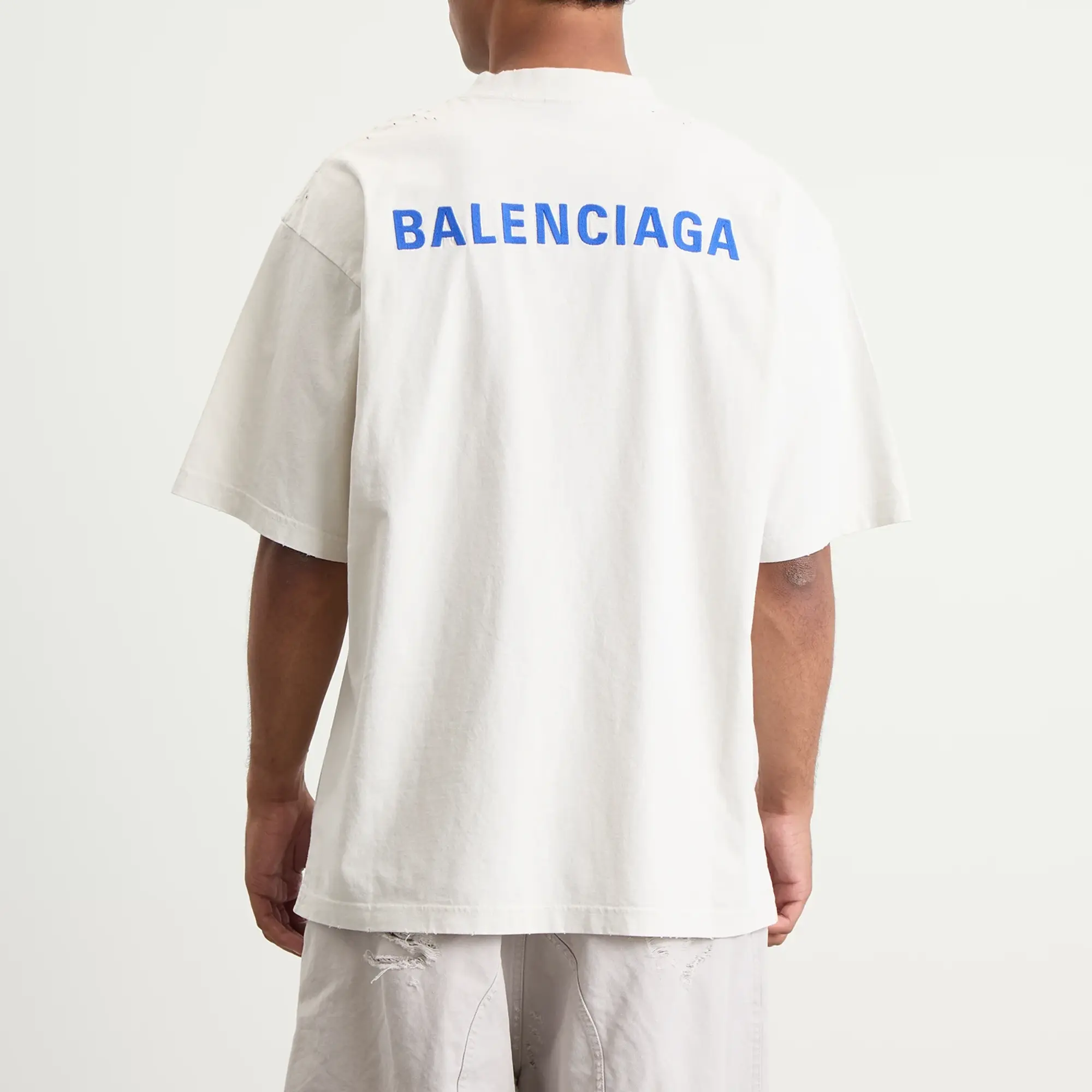 Balenciaga Men's Logo Back Dry Jersey Medium Fit T-Shirt Dirty Wht/Sport Blue