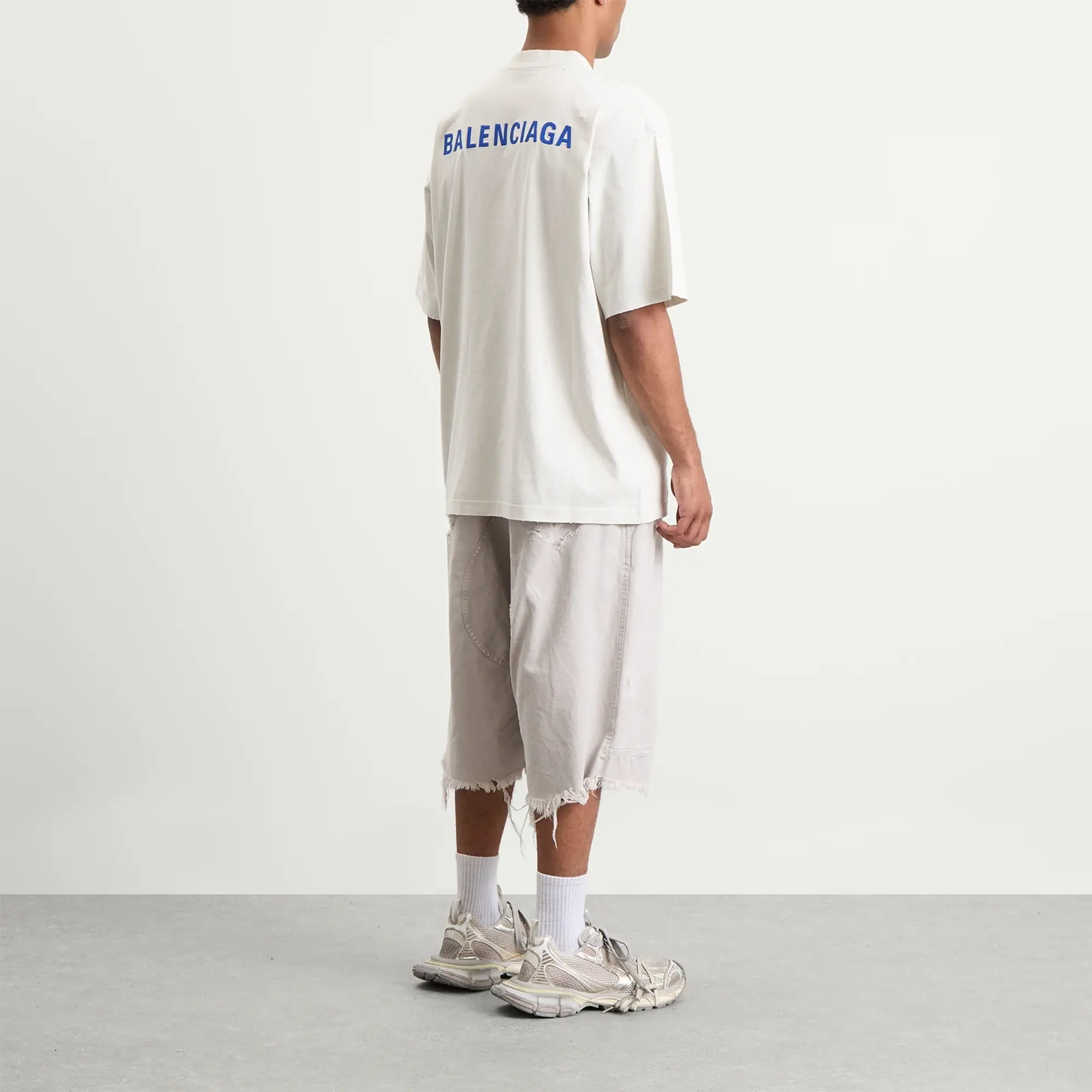Balenciaga Men's Logo Back Dry Jersey Medium Fit T-Shirt Dirty Wht/Sport Blue