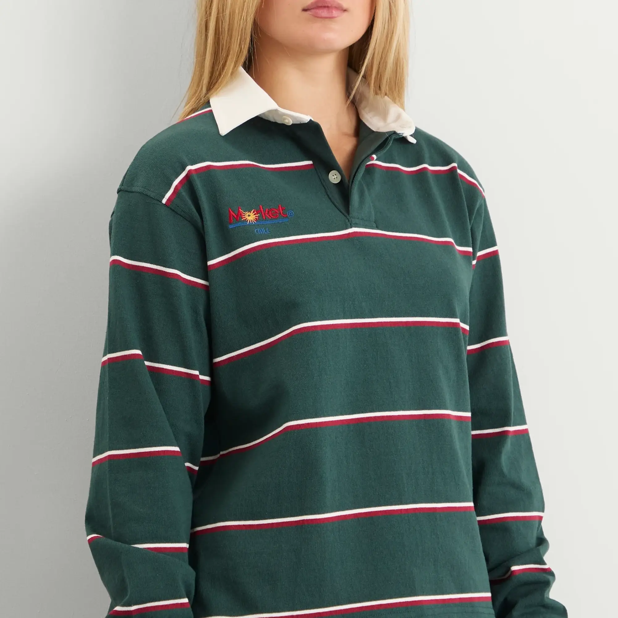 SUNDAYFRUITMARKET Women's Sun Stripe Collar T-Shirt Green