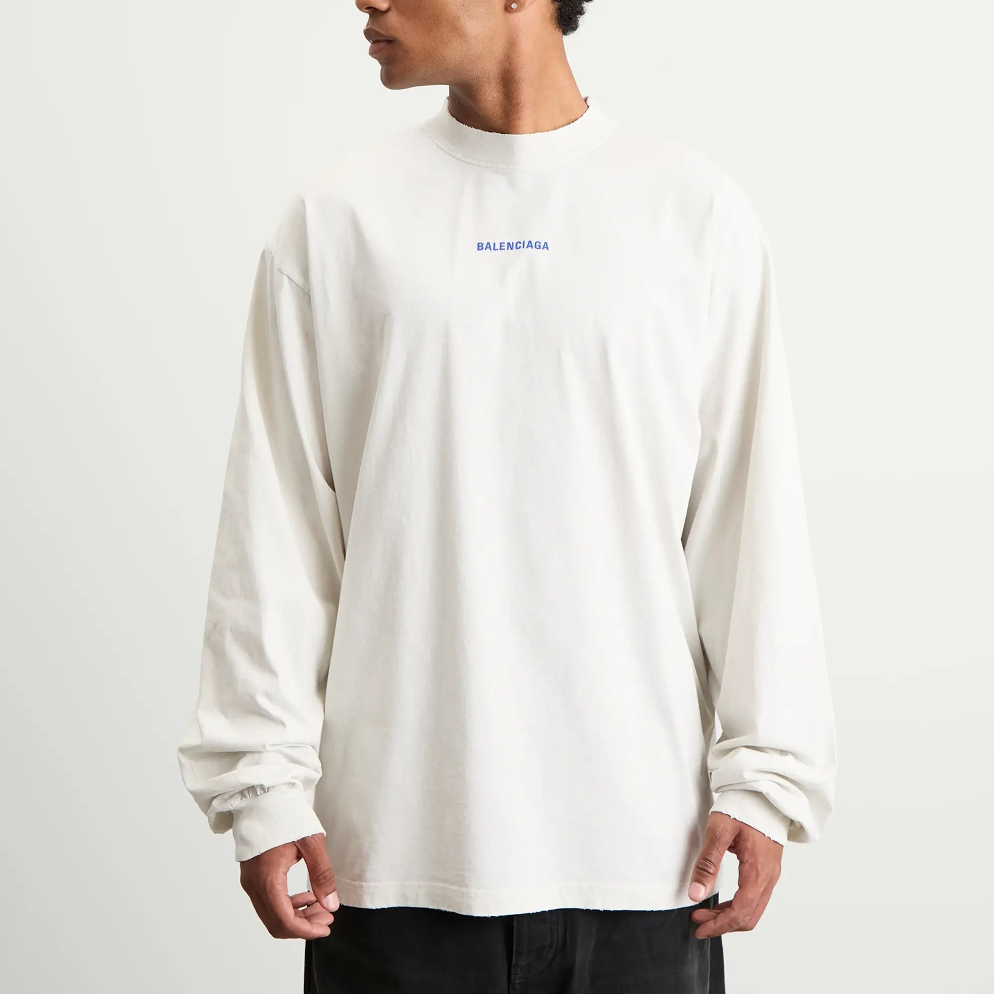 Balenciaga Men's Logo Back Dry Jersey Long Sleeve Medium Fit T-Shi Dirty Wht/Sport Blue