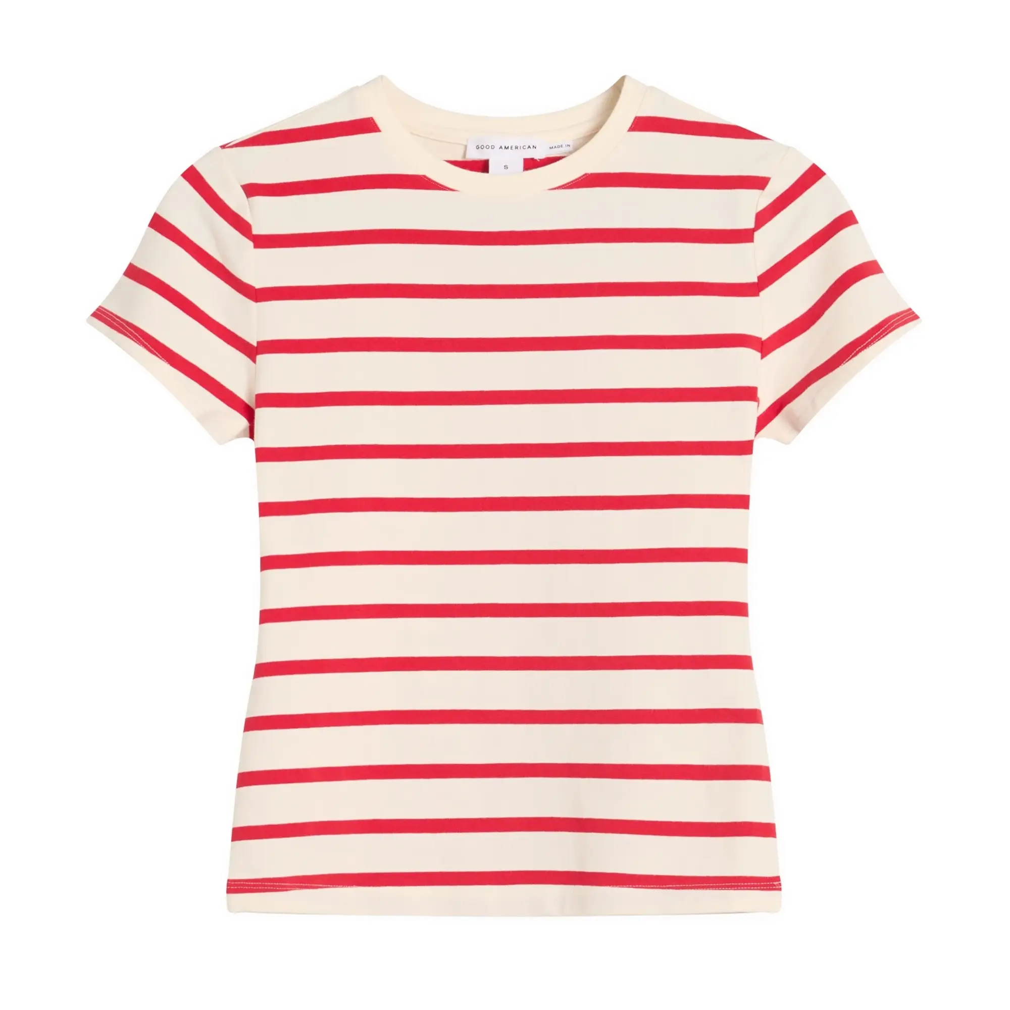 Good American Women's Super Stretch Baby T-Shirt Ecru/Chili Wide Stripe