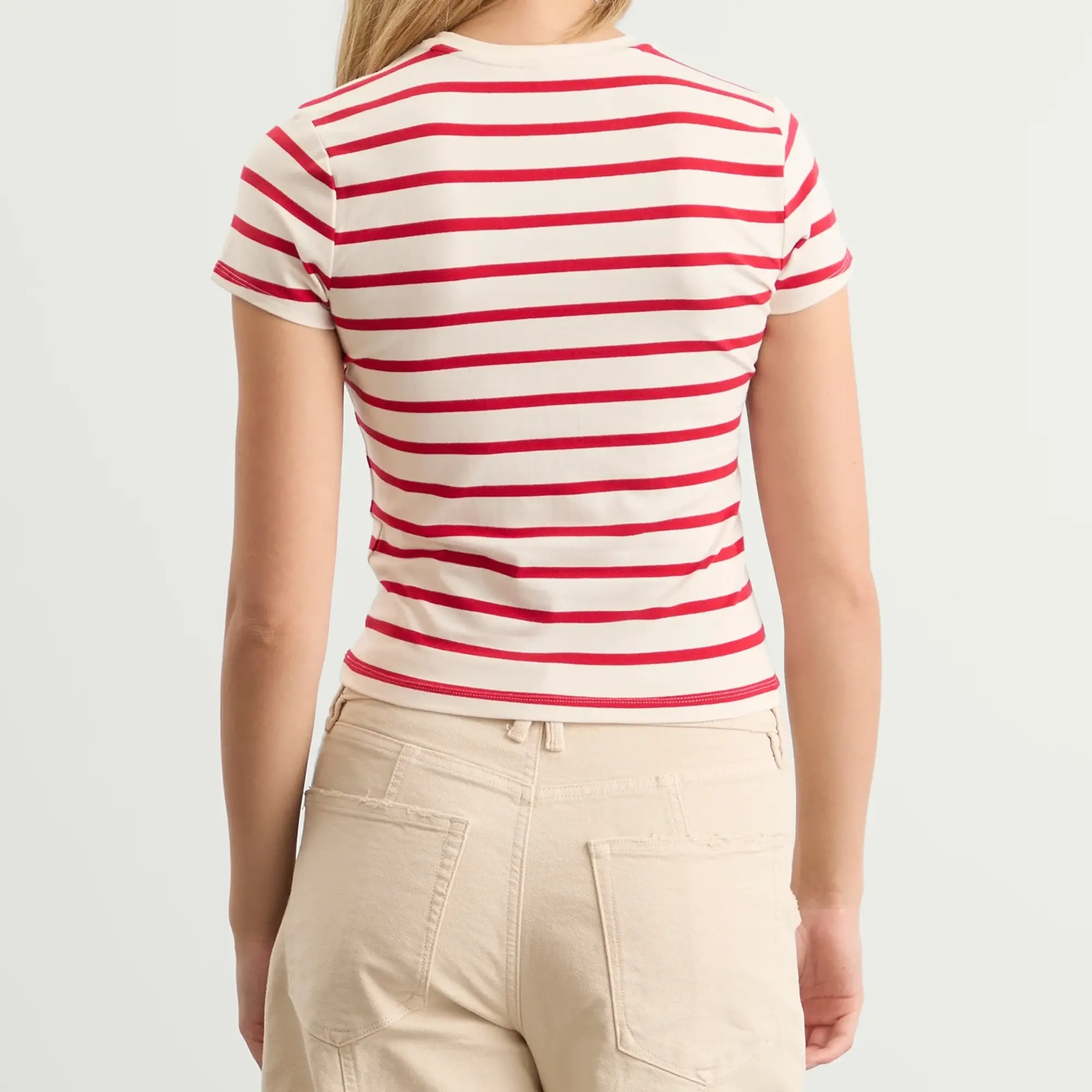 Good American Women's Super Stretch Baby T-Shirt Ecru/Chili Wide Stripe