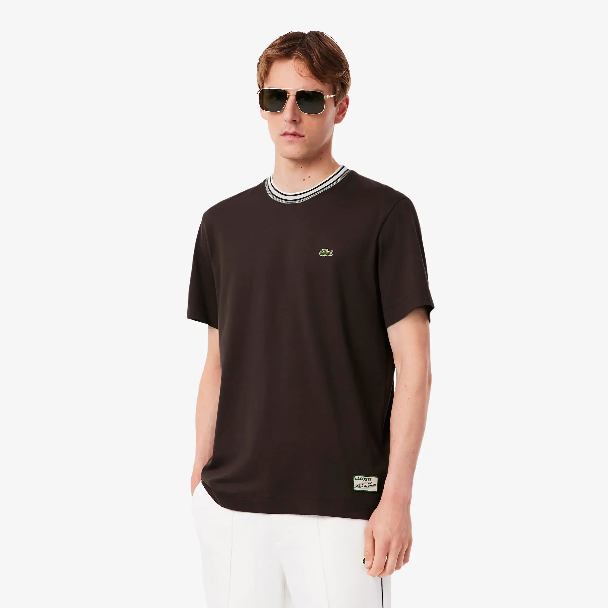 Lacoste French Made Stripe Neck T-shirt - Brown
