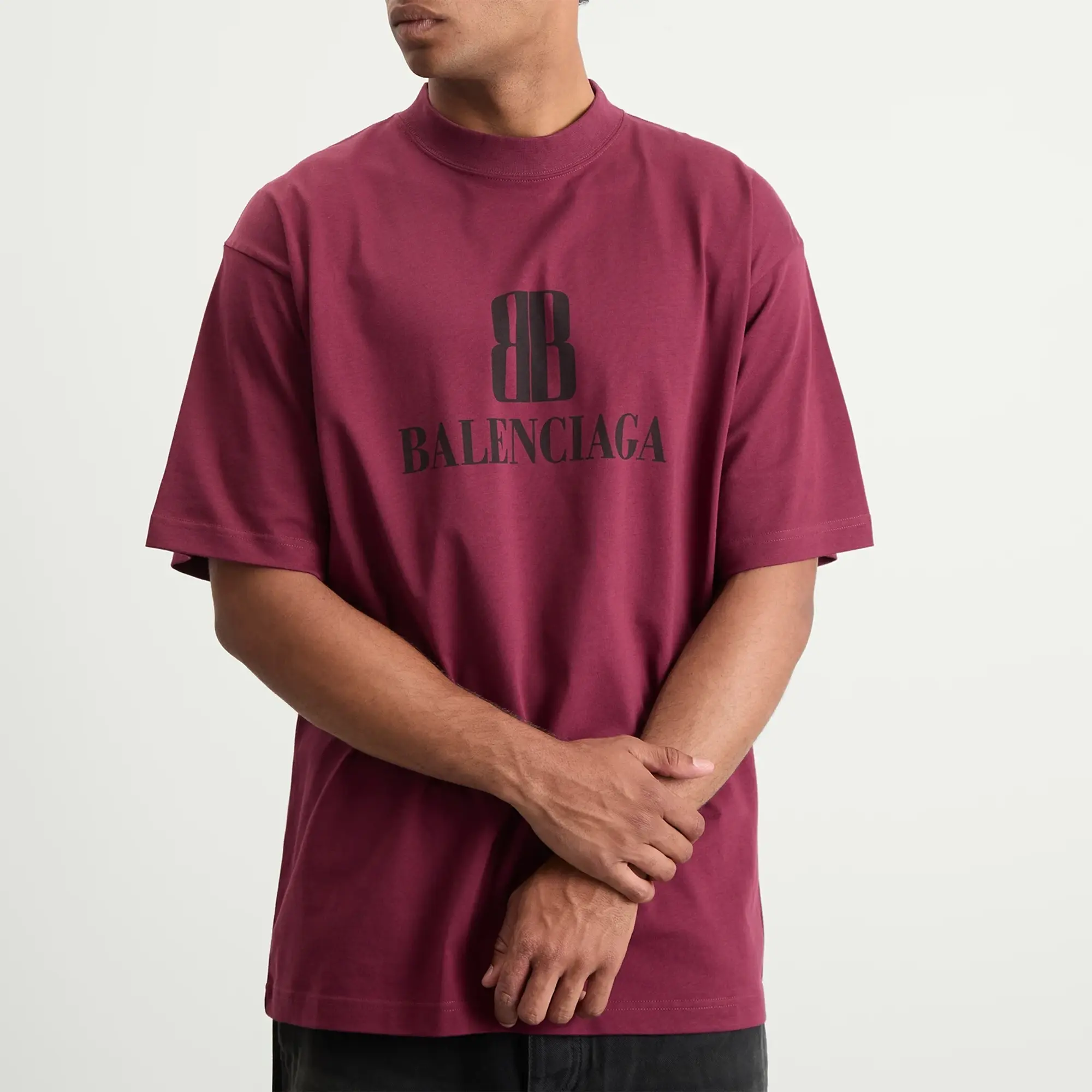 Balenciaga Men's Nano BB Logo Dry Jersey Medium Fit T-Shirt Bordeaux