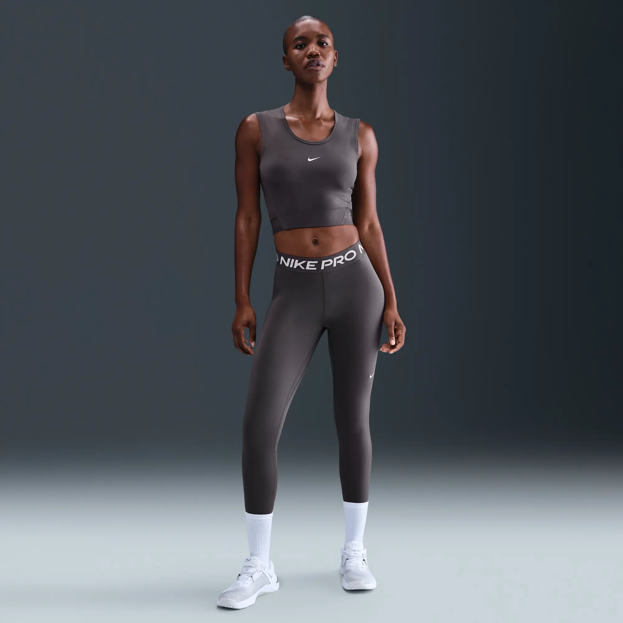 Nike Pro Women's Mid-Rise Mesh-Panelled Leggings - Grey - Recycled Polyester Minimum