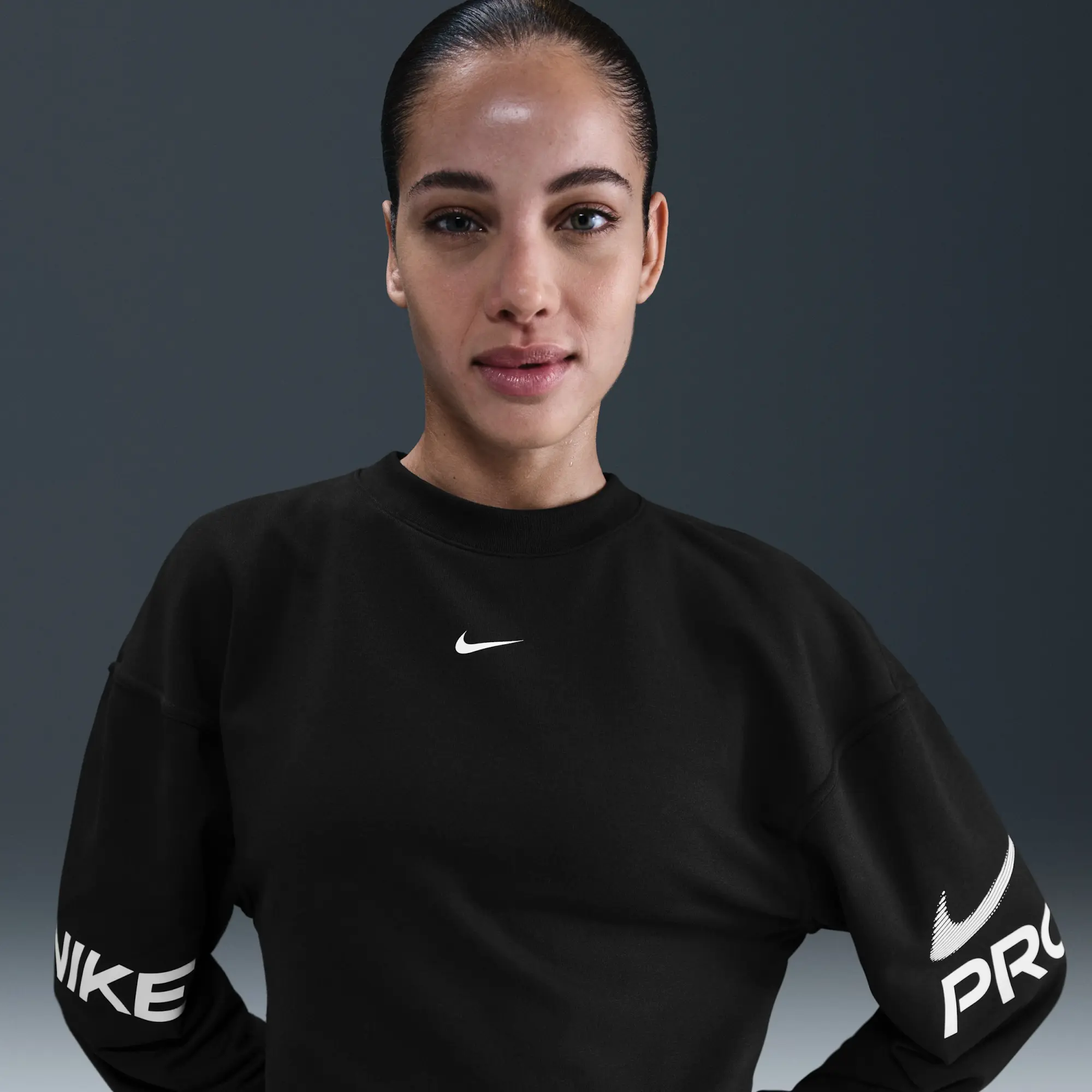 Nike Pro Women's Dri-FIT Loose Crew-Neck French Terry Sweatshirt - Black - Sustainable Materials