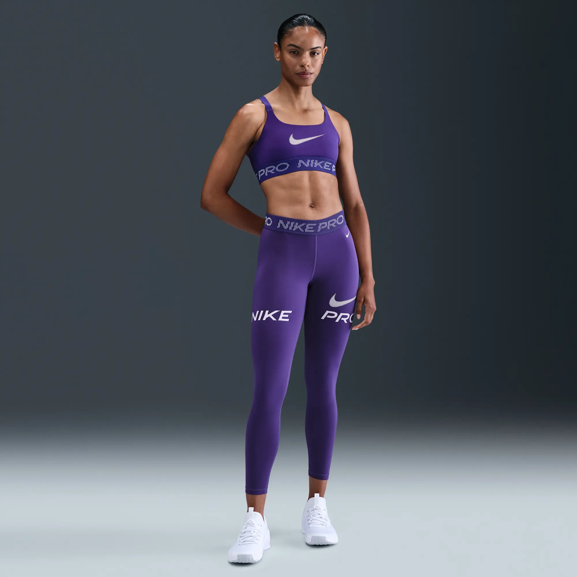 Nike Pro Women's Mid-Rise 7/8 Mesh-Panel Graphic Leggings - Purple - Sustainable Materials