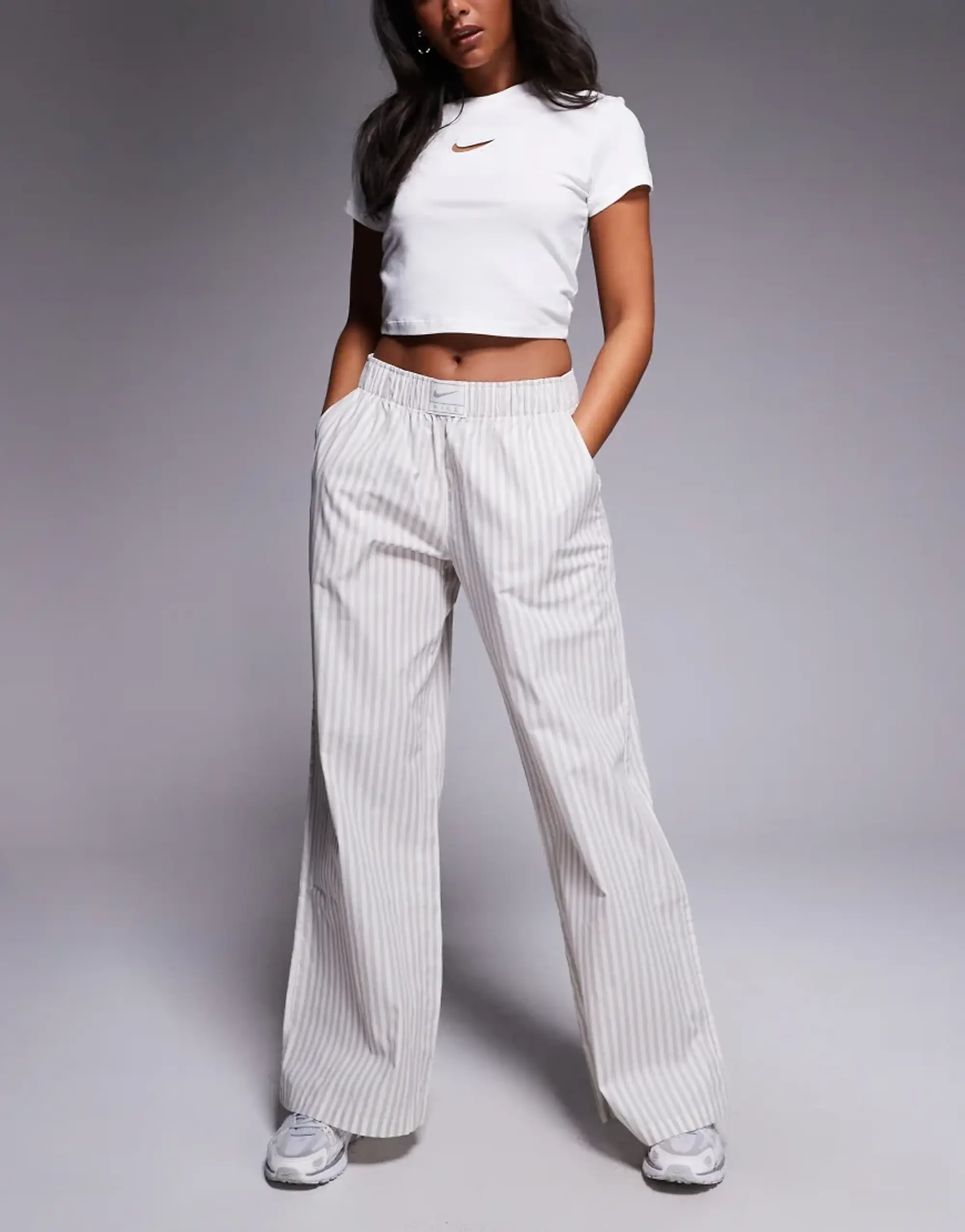 Nike Stripe Poplin Wide Leg Trousers In Grey And White