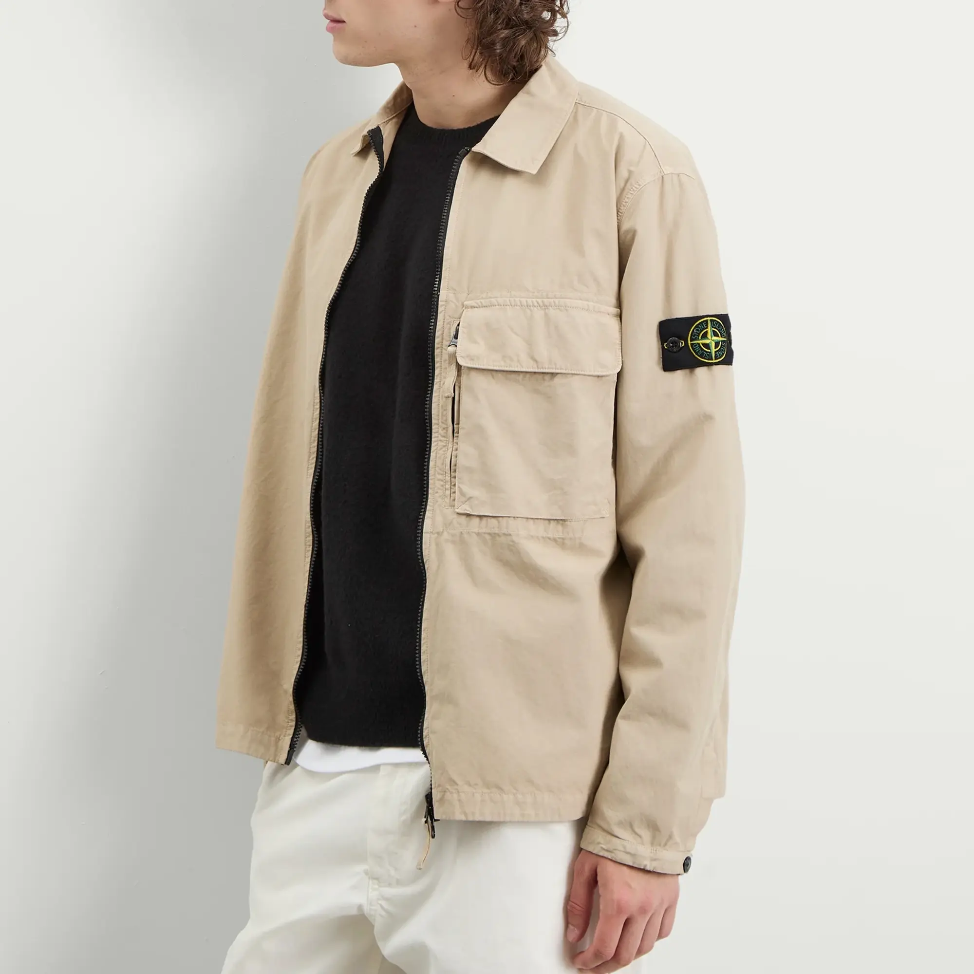 Stone Island Men's Canvas Weave Cotton Zip Shirt Jacket Desert
