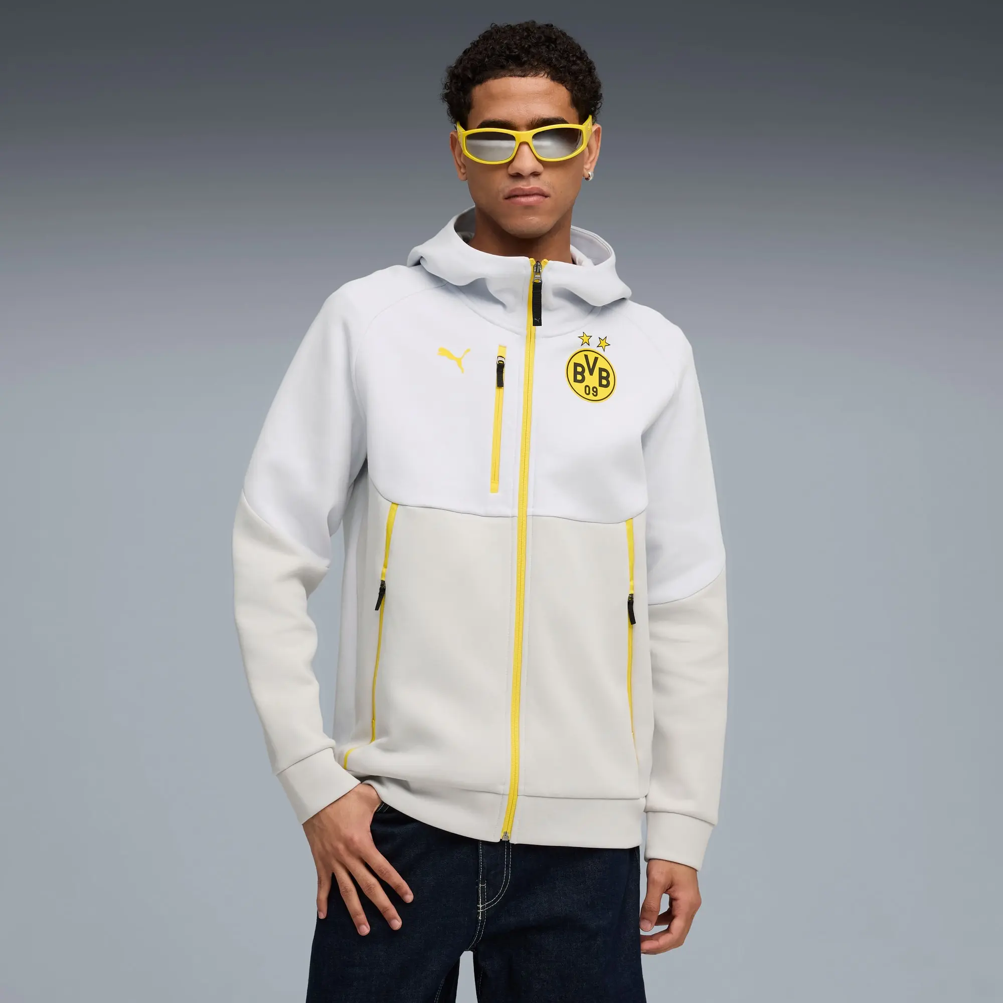 Borussia Dortmund PUMAtech Full-Zip Hoodie Men, Silver Mist/Faster Yellow, size 3XL