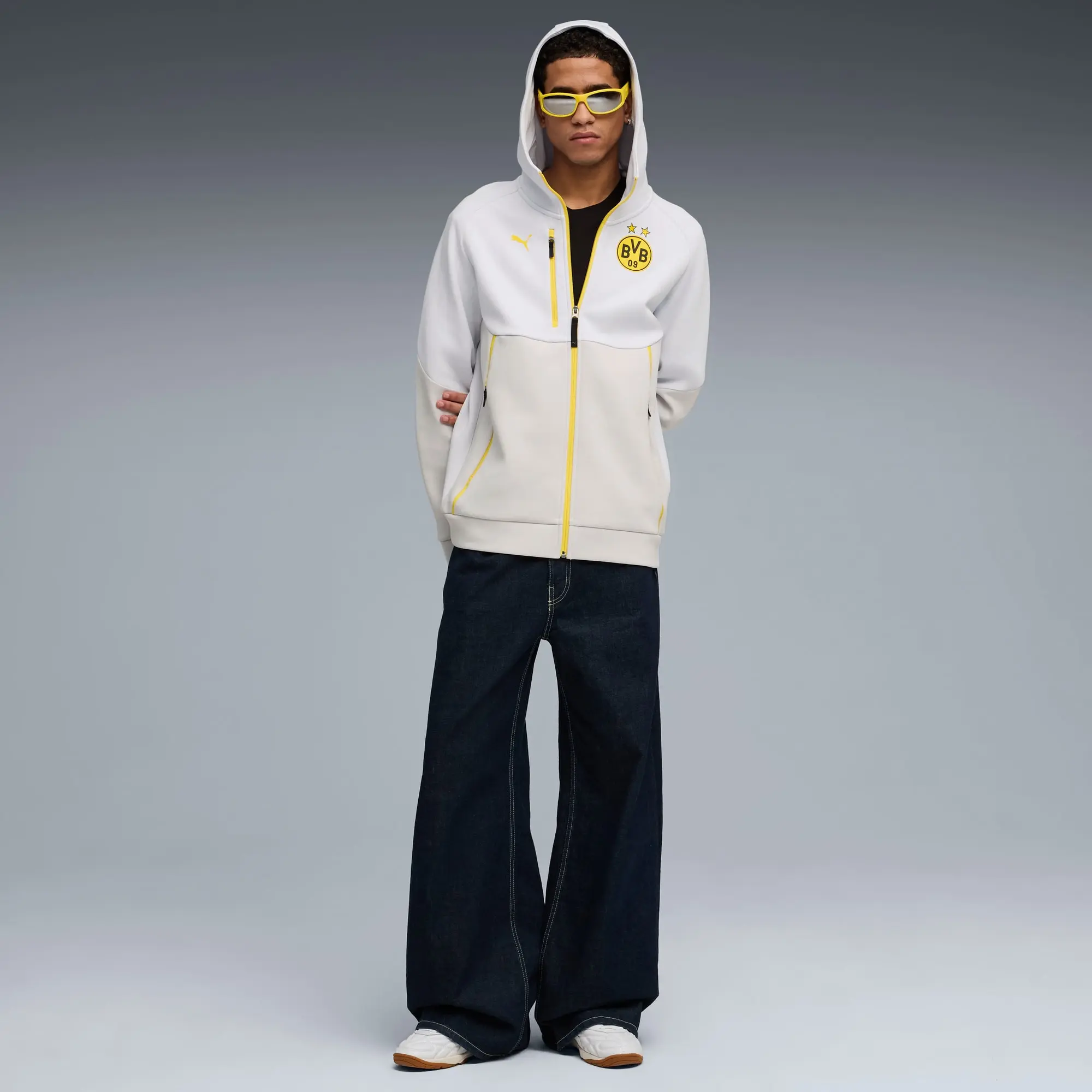 Borussia Dortmund PUMAtech Full-Zip Hoodie Men, Silver Mist/Faster Yellow, size 3XL