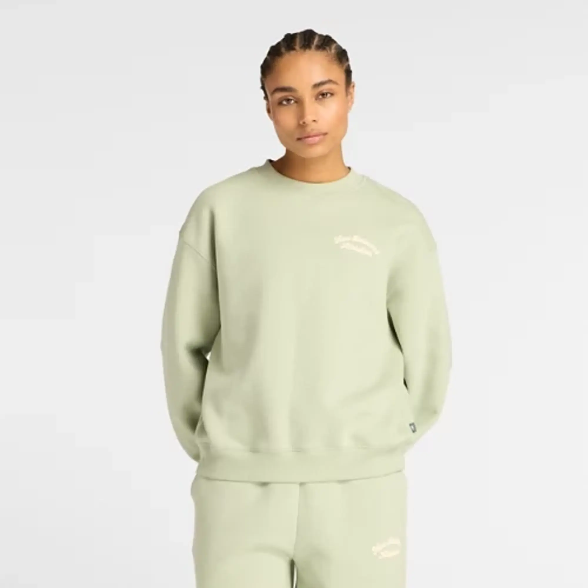 New Balance Women's Linear Heritage Fleece Crew in Green Cotton Fleece