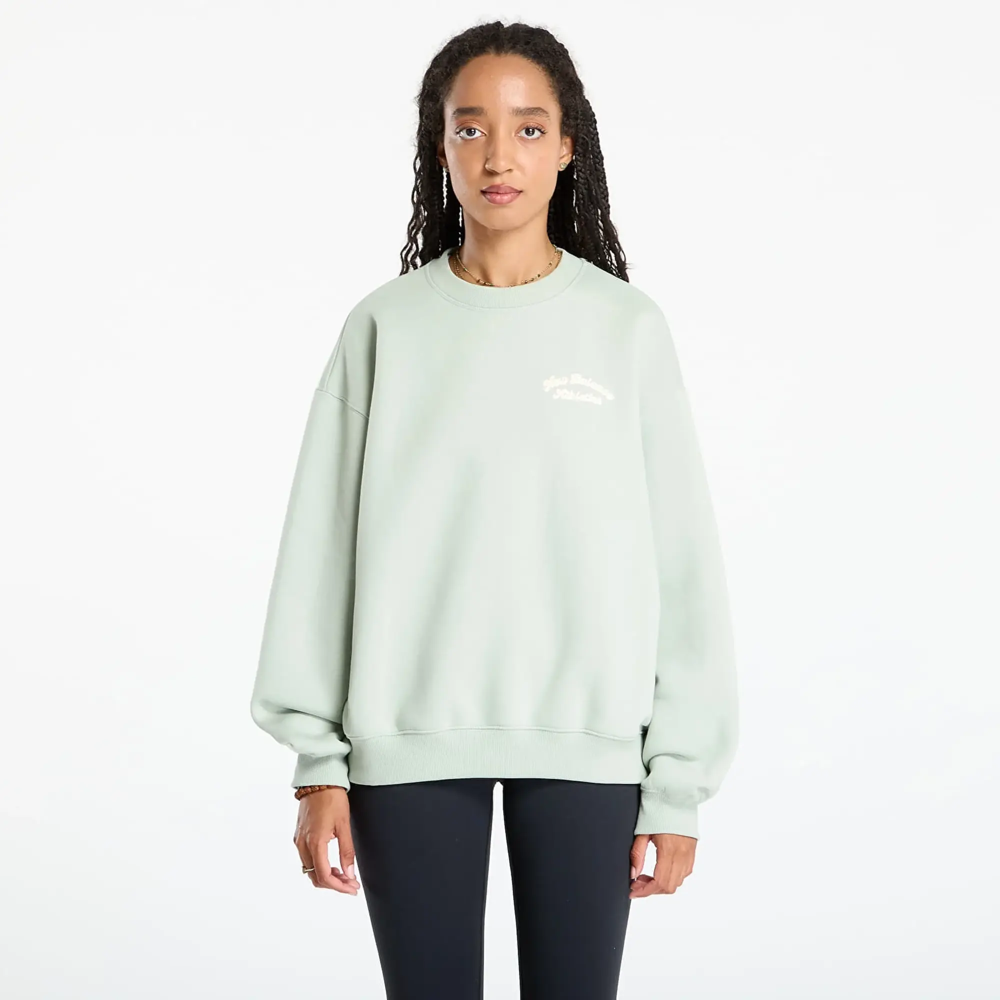 New Balance Women's Linear Heritage Fleece Crew in Green Cotton Fleece