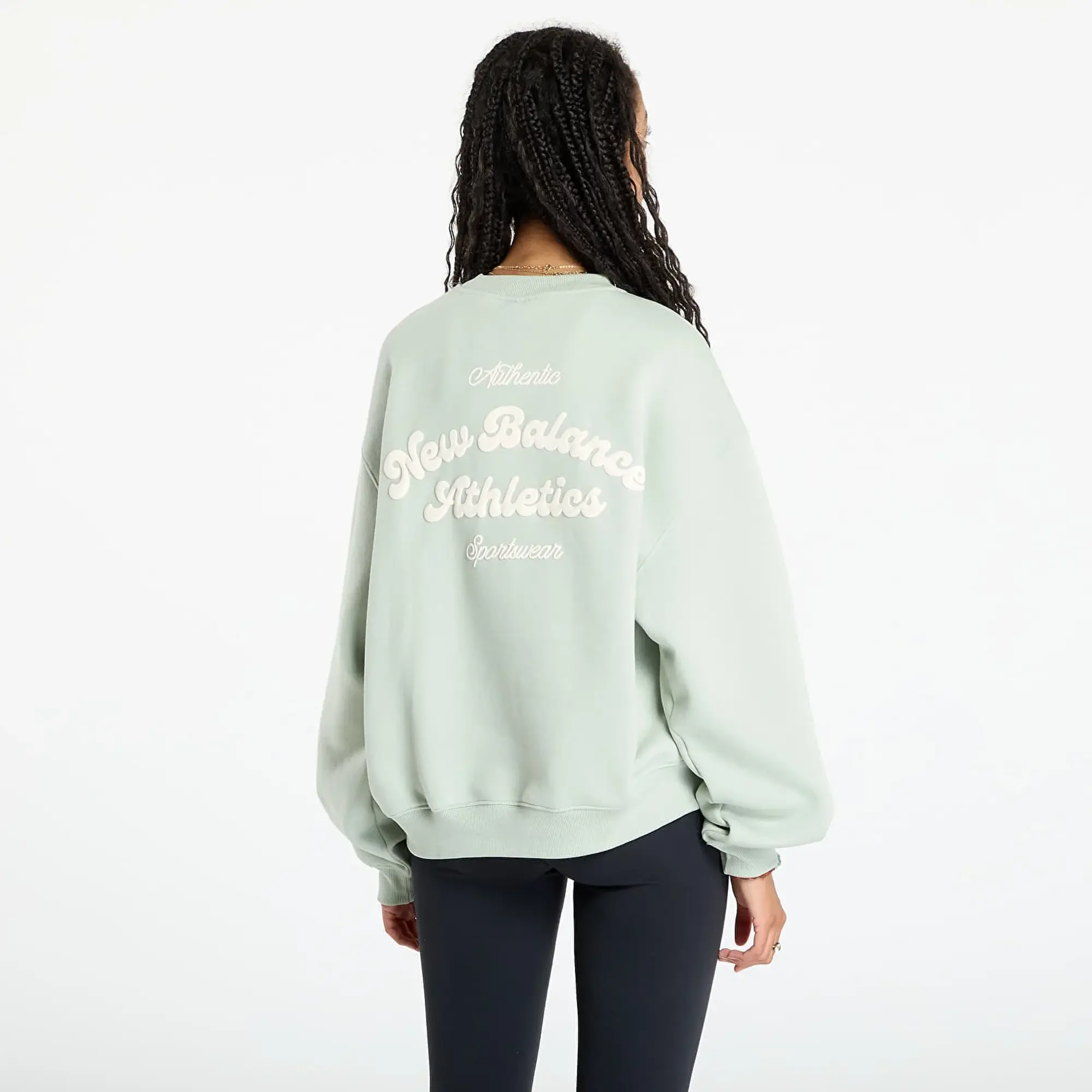 New Balance Women's Linear Heritage Fleece Crew in Green Cotton Fleece