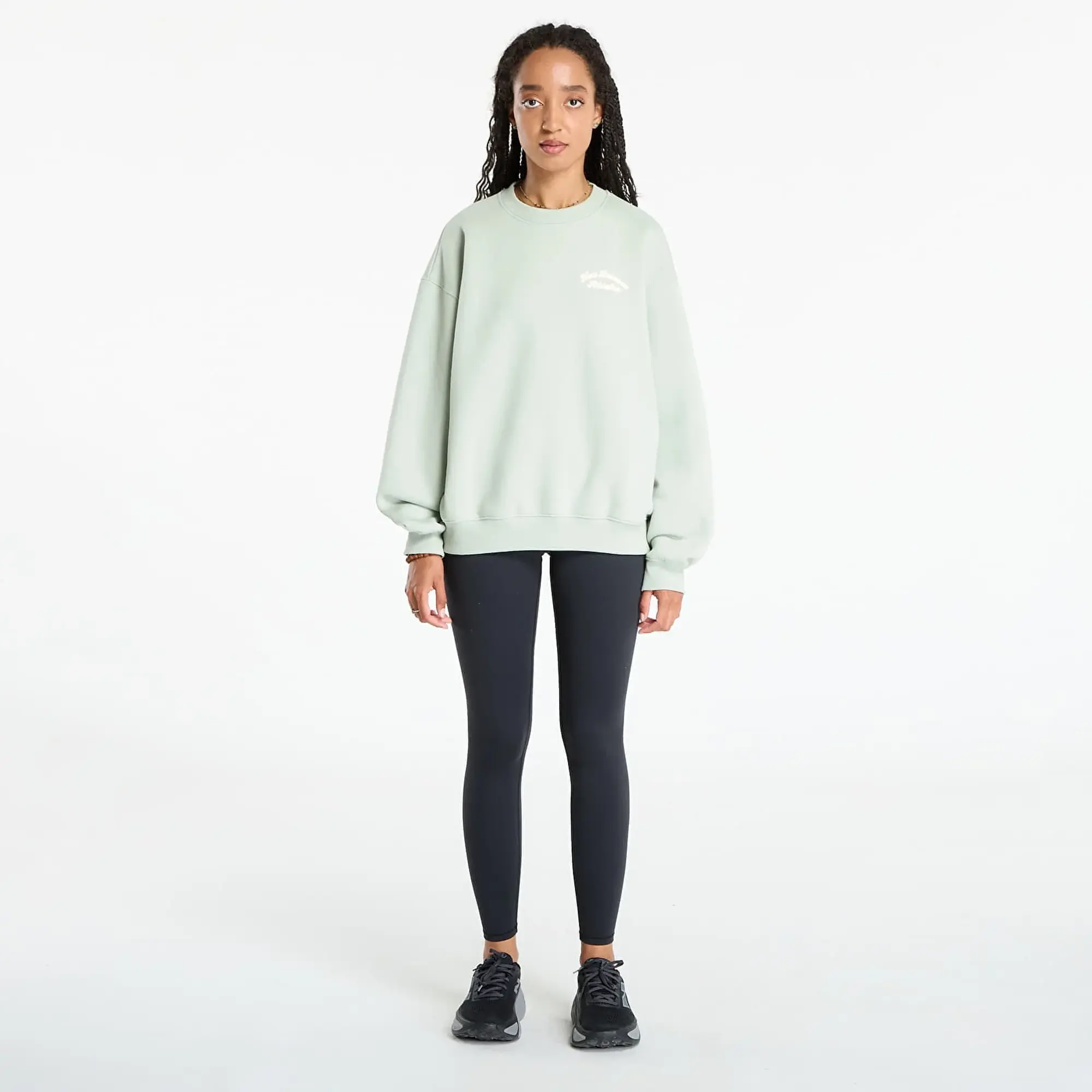 New Balance Women's Linear Heritage Fleece Crew in Green Cotton Fleece