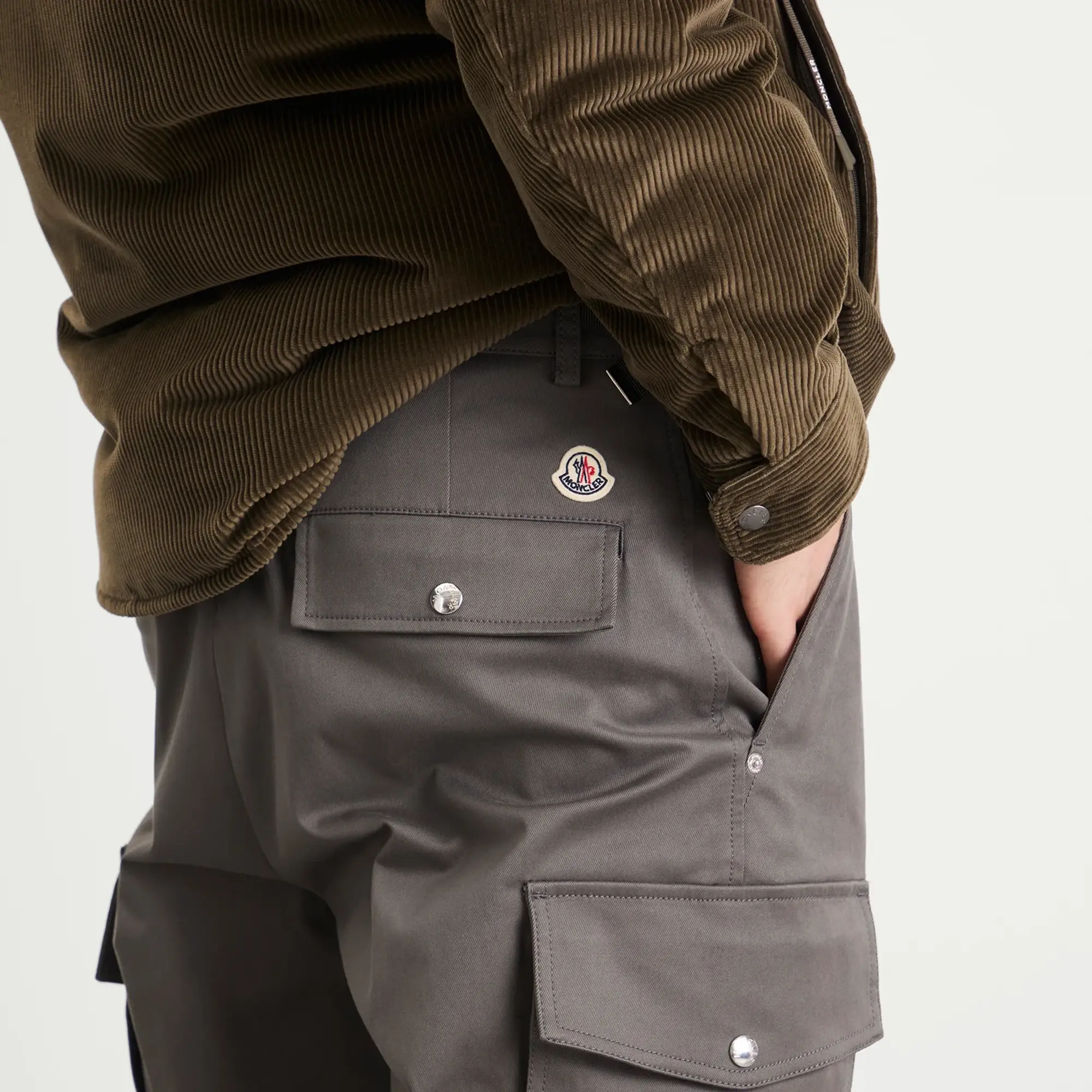 Moncler Men's Gaberdine Cotton Cargo Trousers Grey