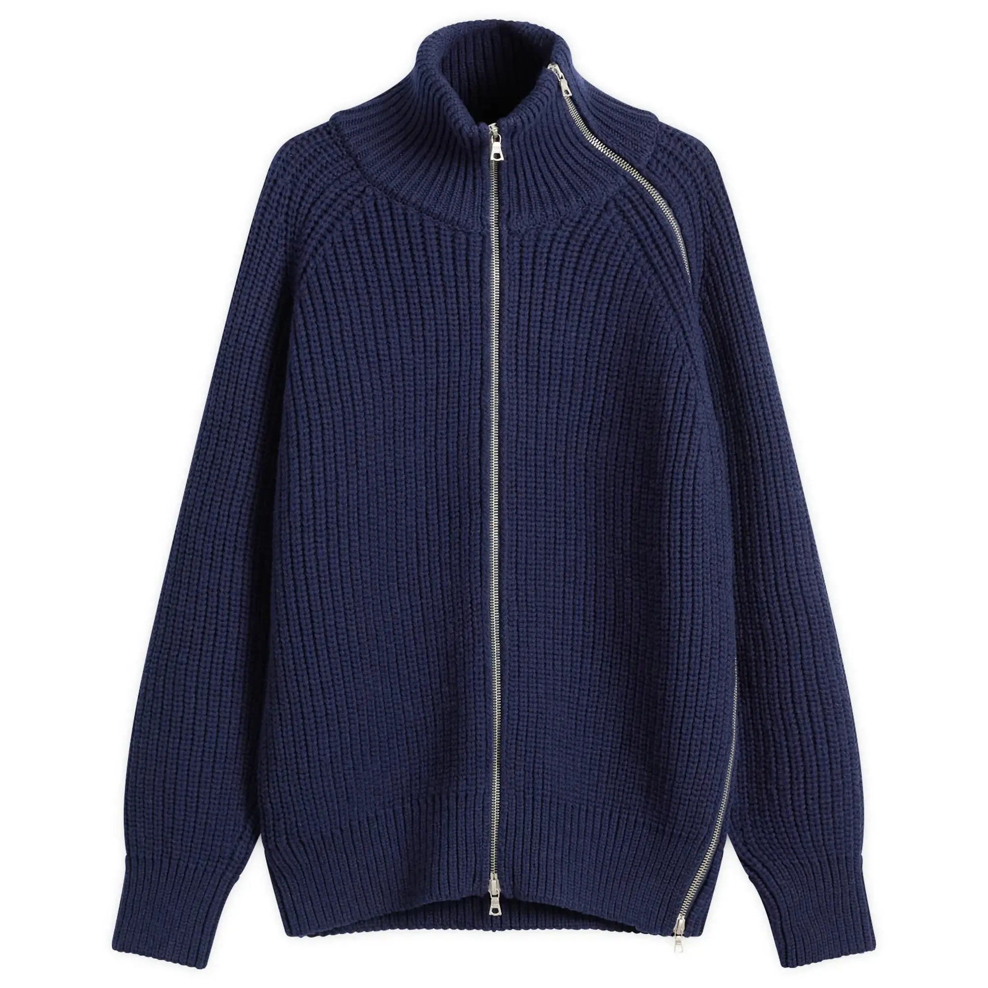 Dries Van Noten Men's Double Zip Wool Ribbed Jumper Navy