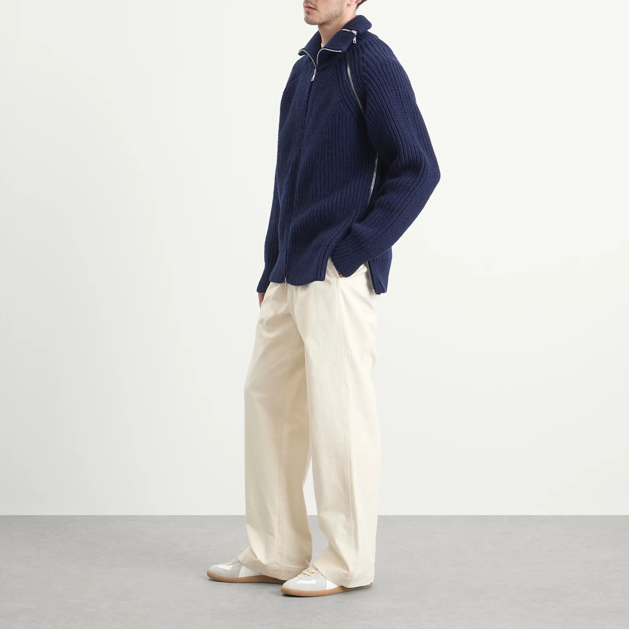 Dries Van Noten Men's Double Zip Wool Ribbed Jumper Navy
