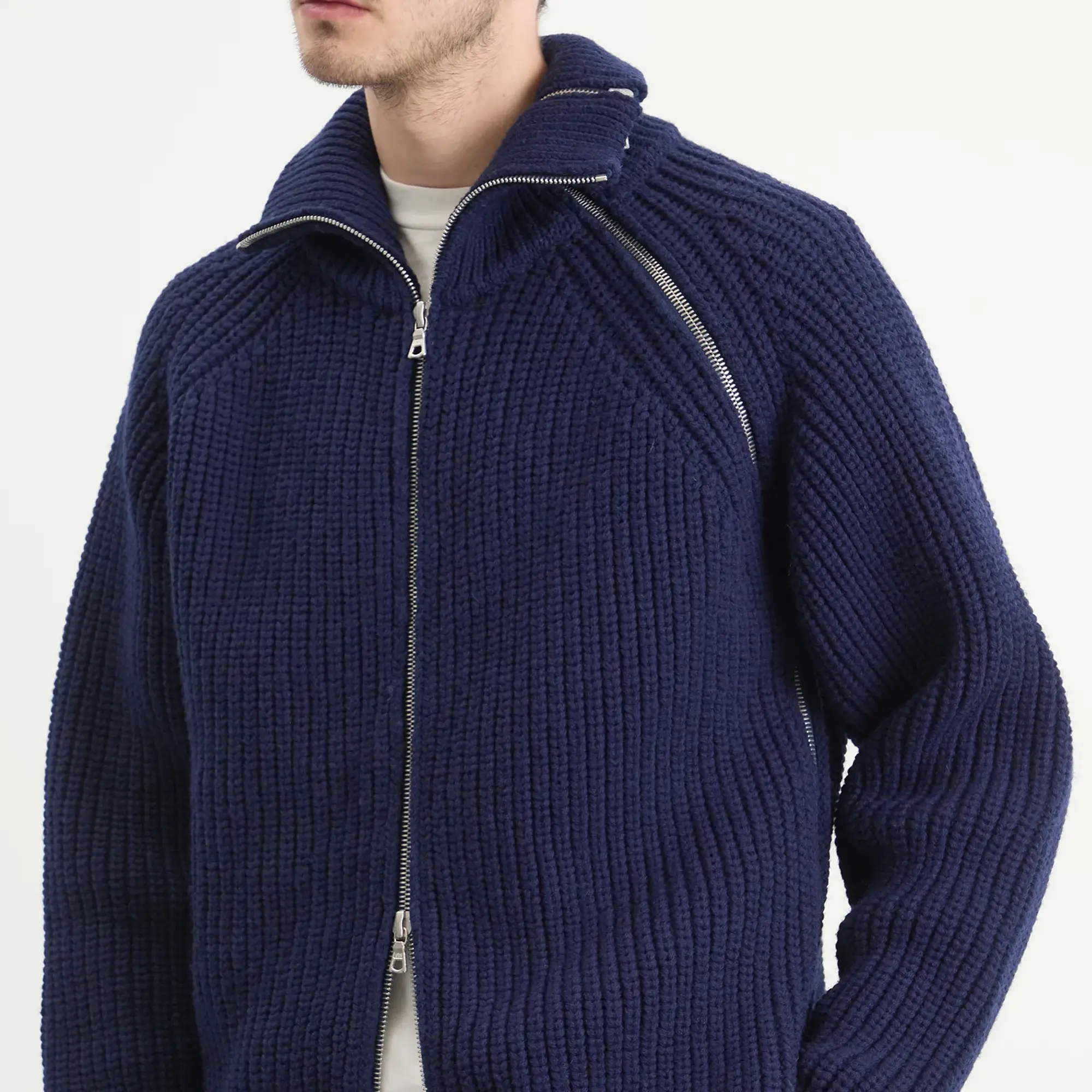 Dries Van Noten Men's Double Zip Wool Ribbed Jumper Navy