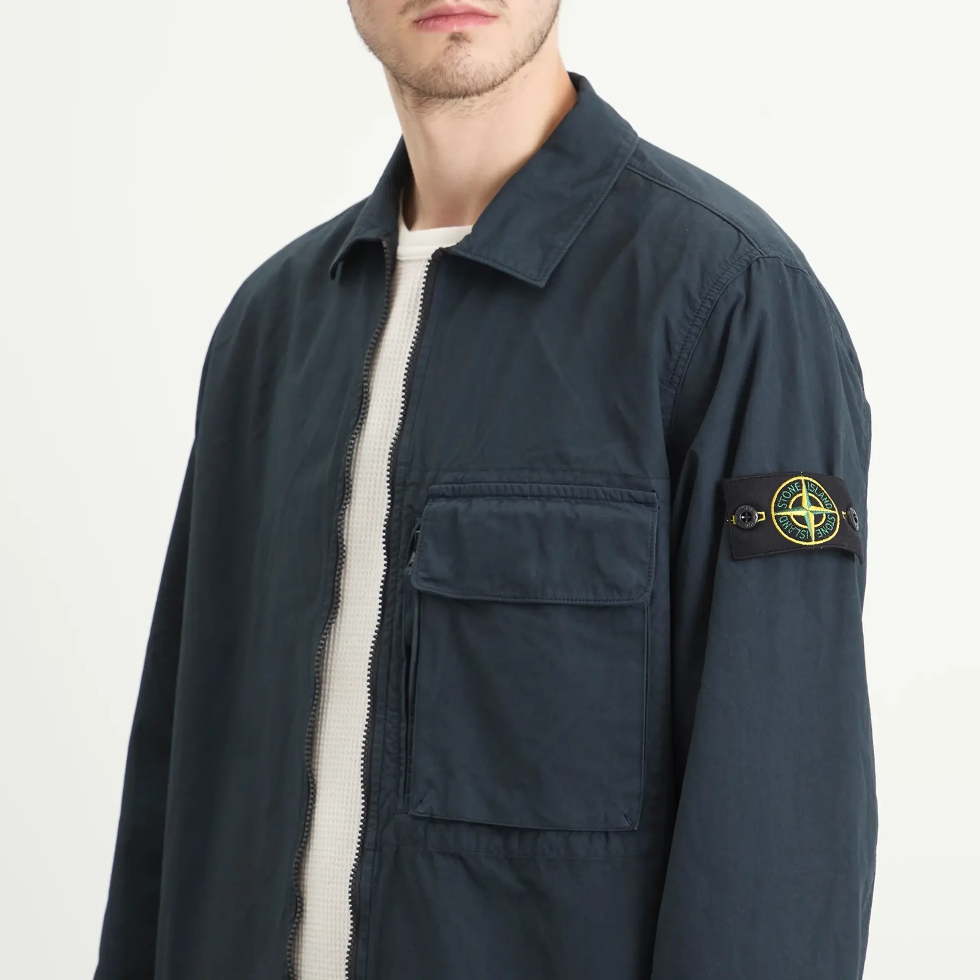 Stone Island Men's Canvas Weave Cotton Zip Shirt Jacket Navy Blue