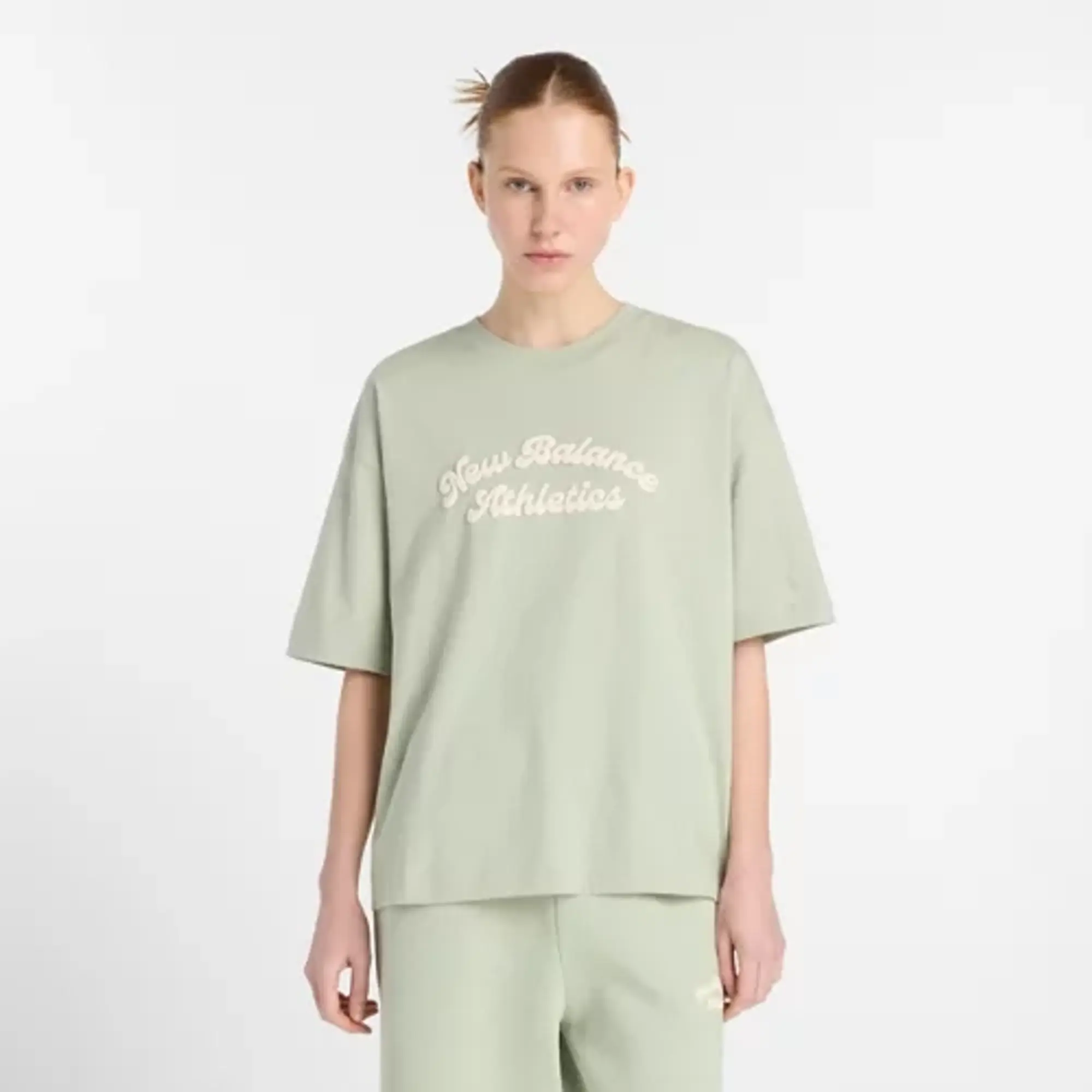 New Balance Women's Linear Heritage Oversized T-Shirt in Green Cotton Jersey