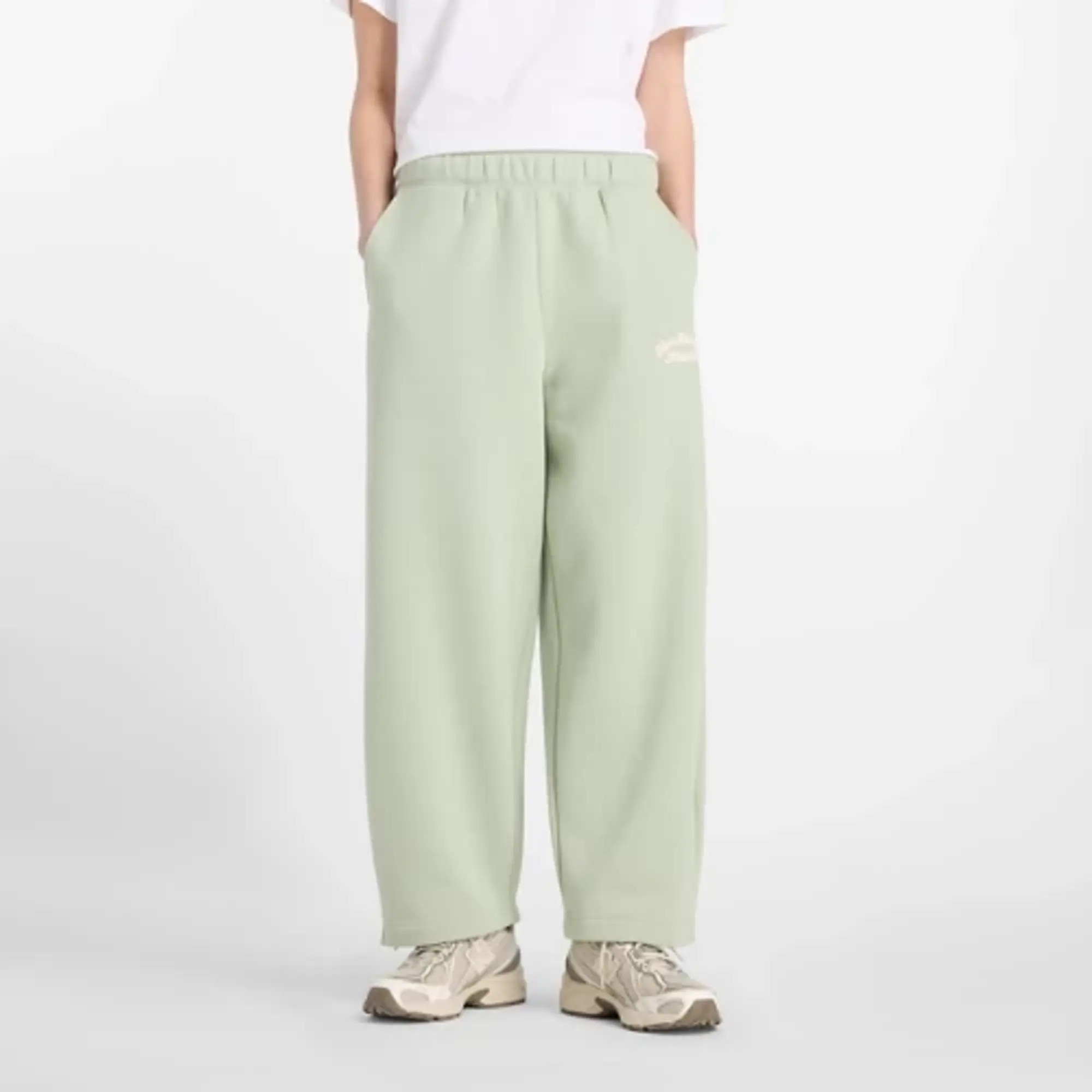 New Balance Women's Linear Heritage Fleece Barrel Leg Pant in Green Poly Knit