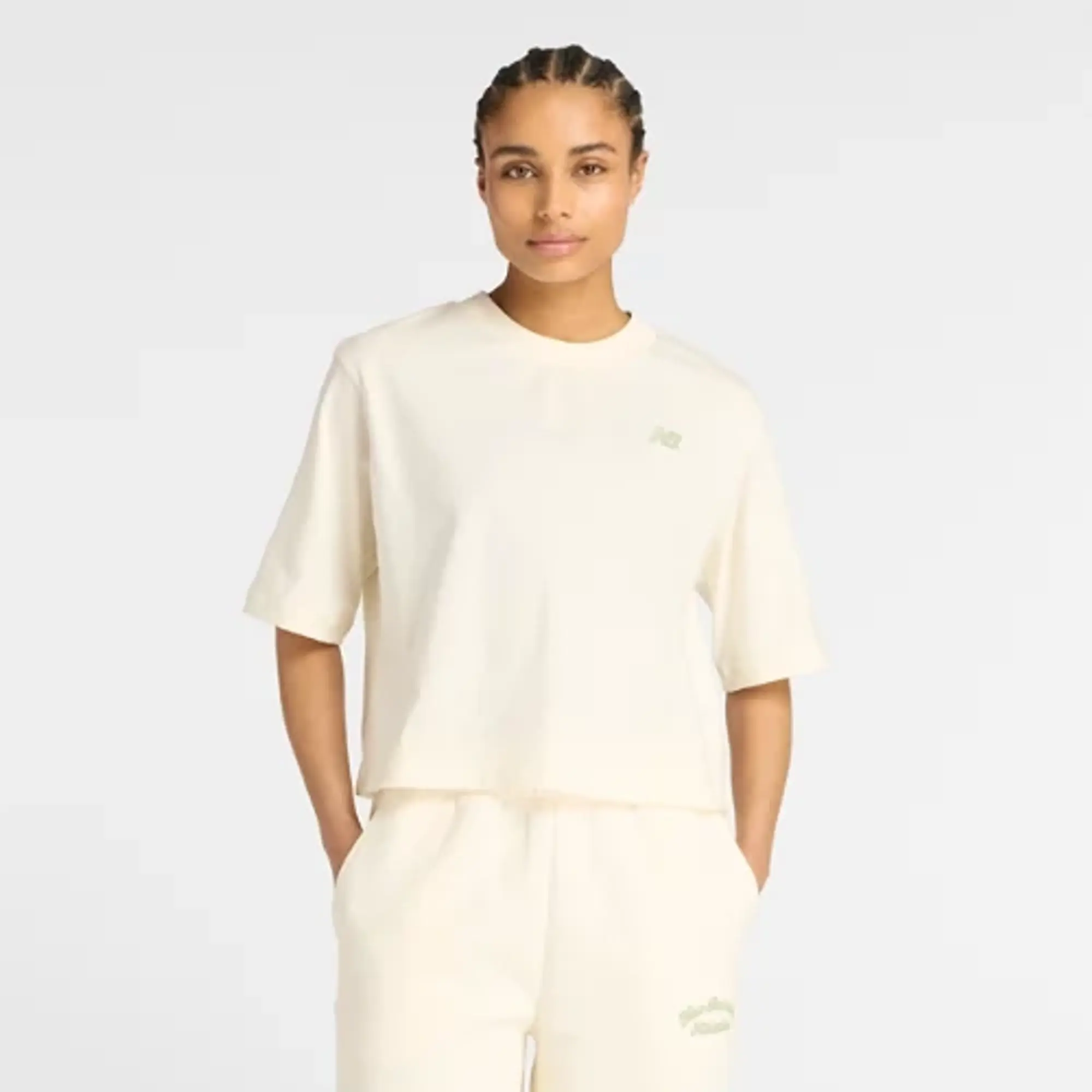 New Balance Women's Linear Heritage Relaxed T-Shirt in White Cotton Jersey