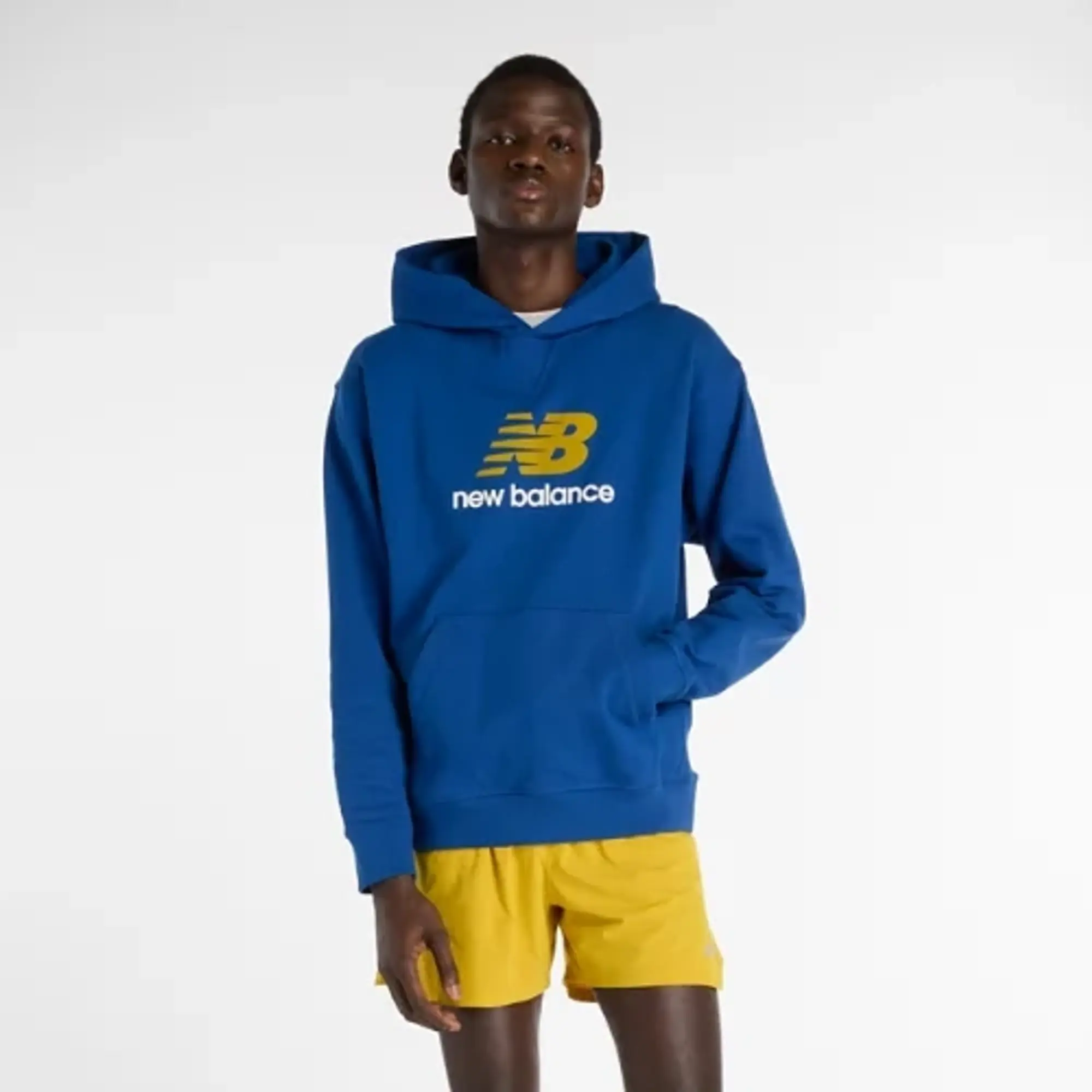 New Balance Men's Athletics French Terry Logo Hoodie in Blue Cotton