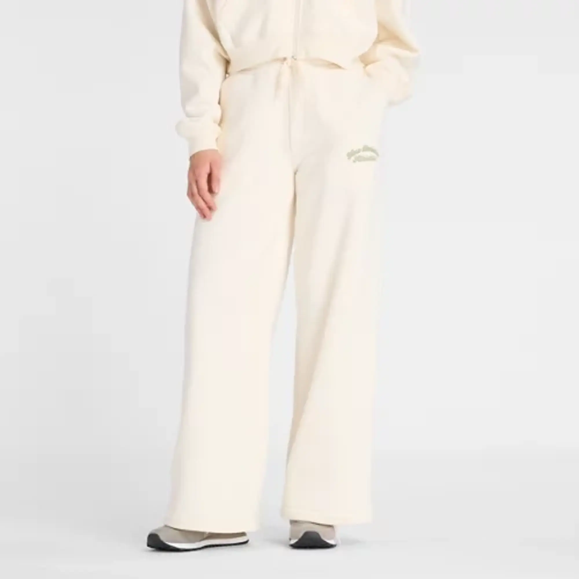 New Balance Women's Linear Heritage Fleece Wide Leg Pant in White Cotton Fleece