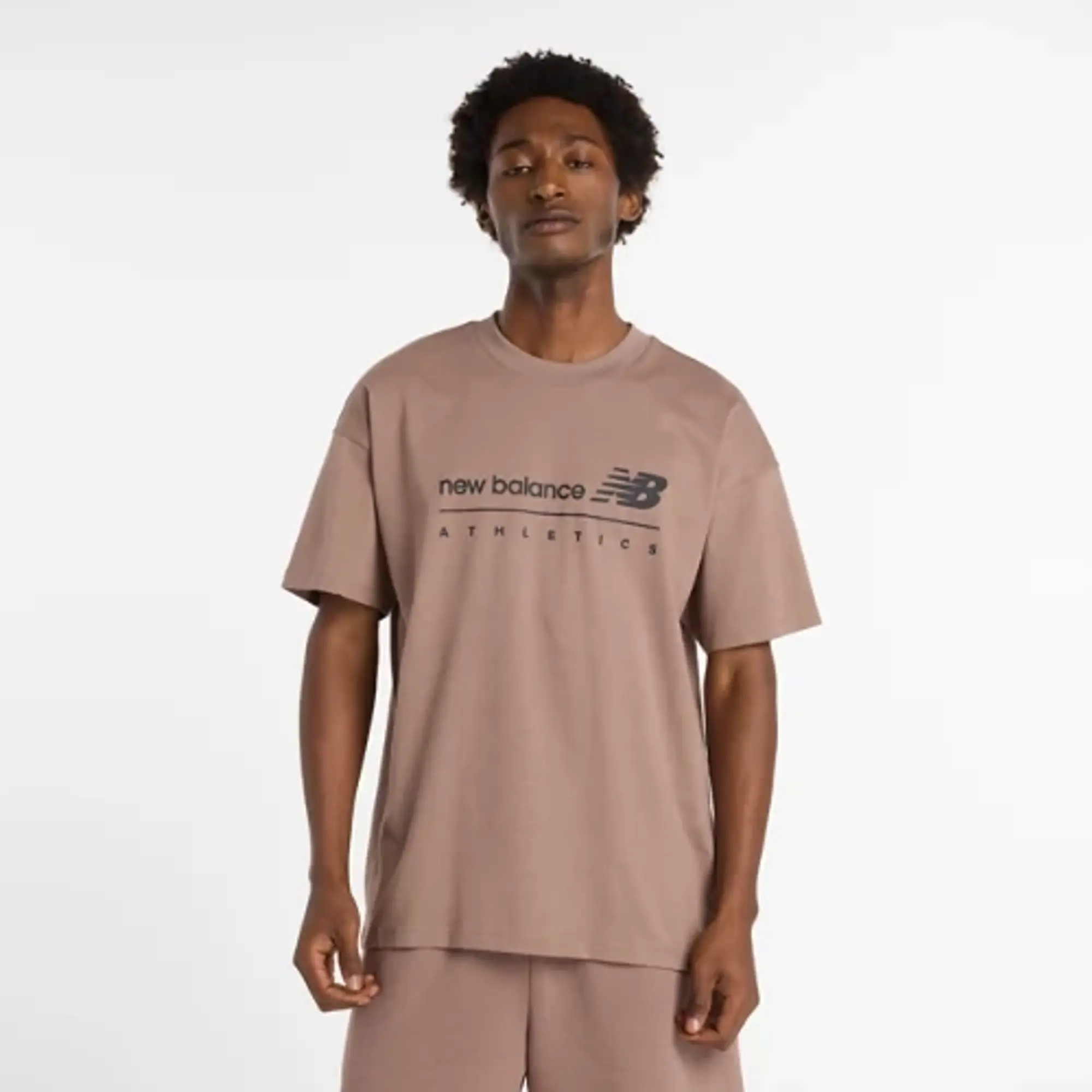 New Balance Men's Linear Graphic T-Shirt in Brown Cotton Jersey