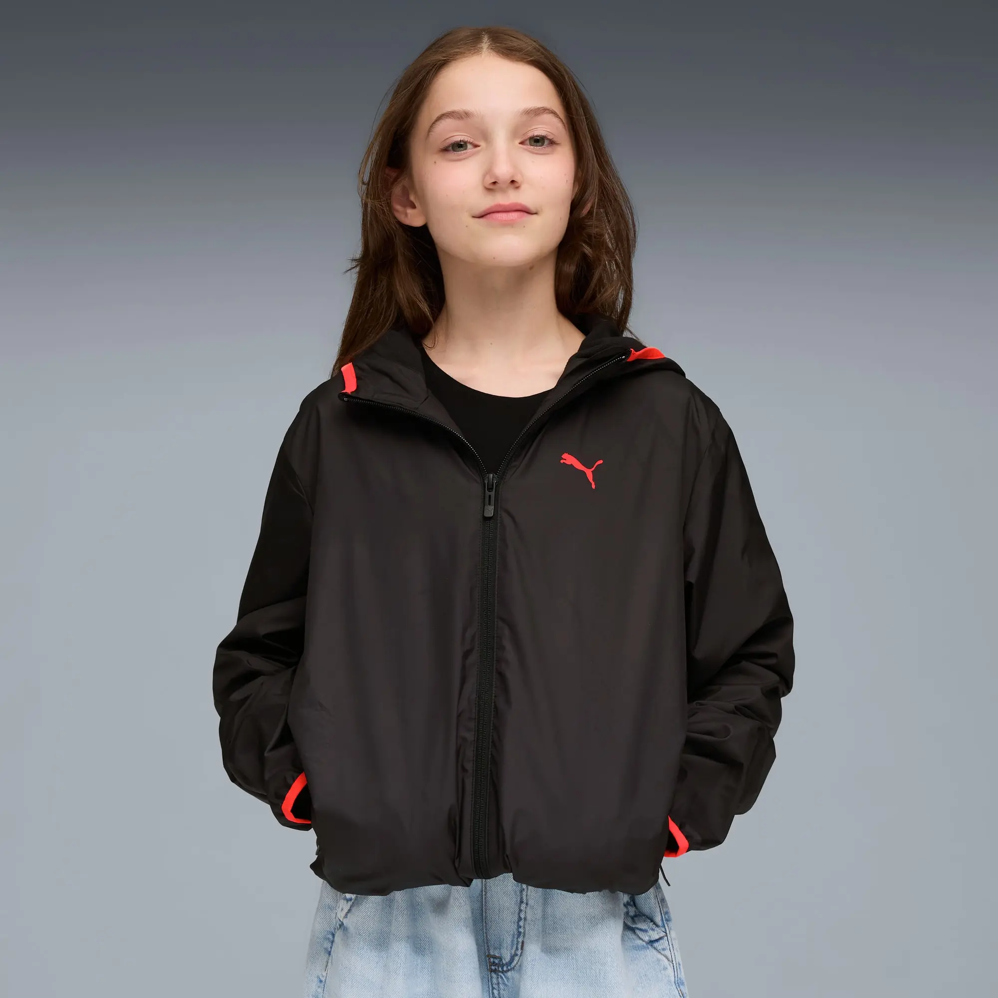 PUMA Fleece Lined Windbreaker Youth Jacket, Black, size 11-12 Youth