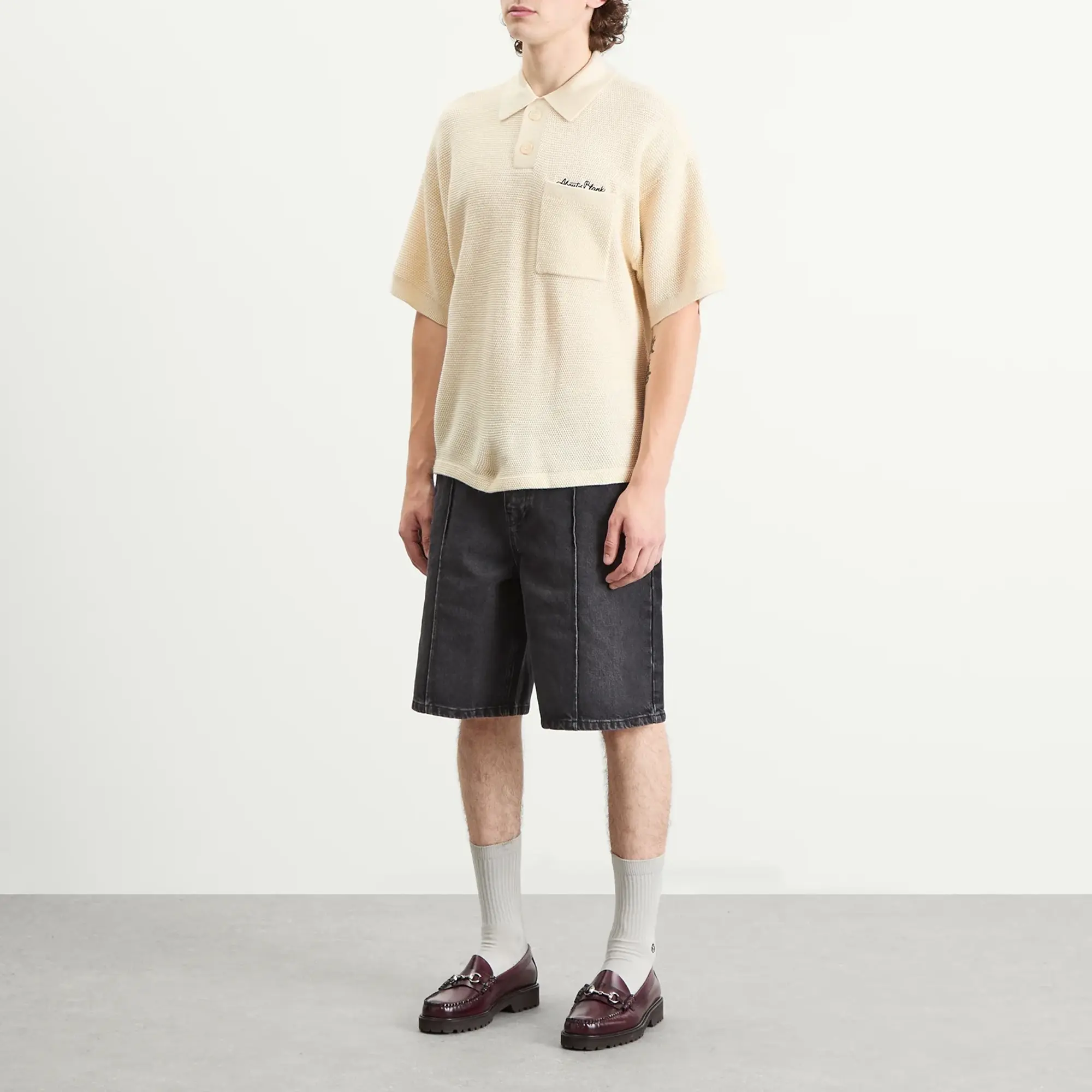 about:blank Men's Pique Knitted Polo Ecru/Black