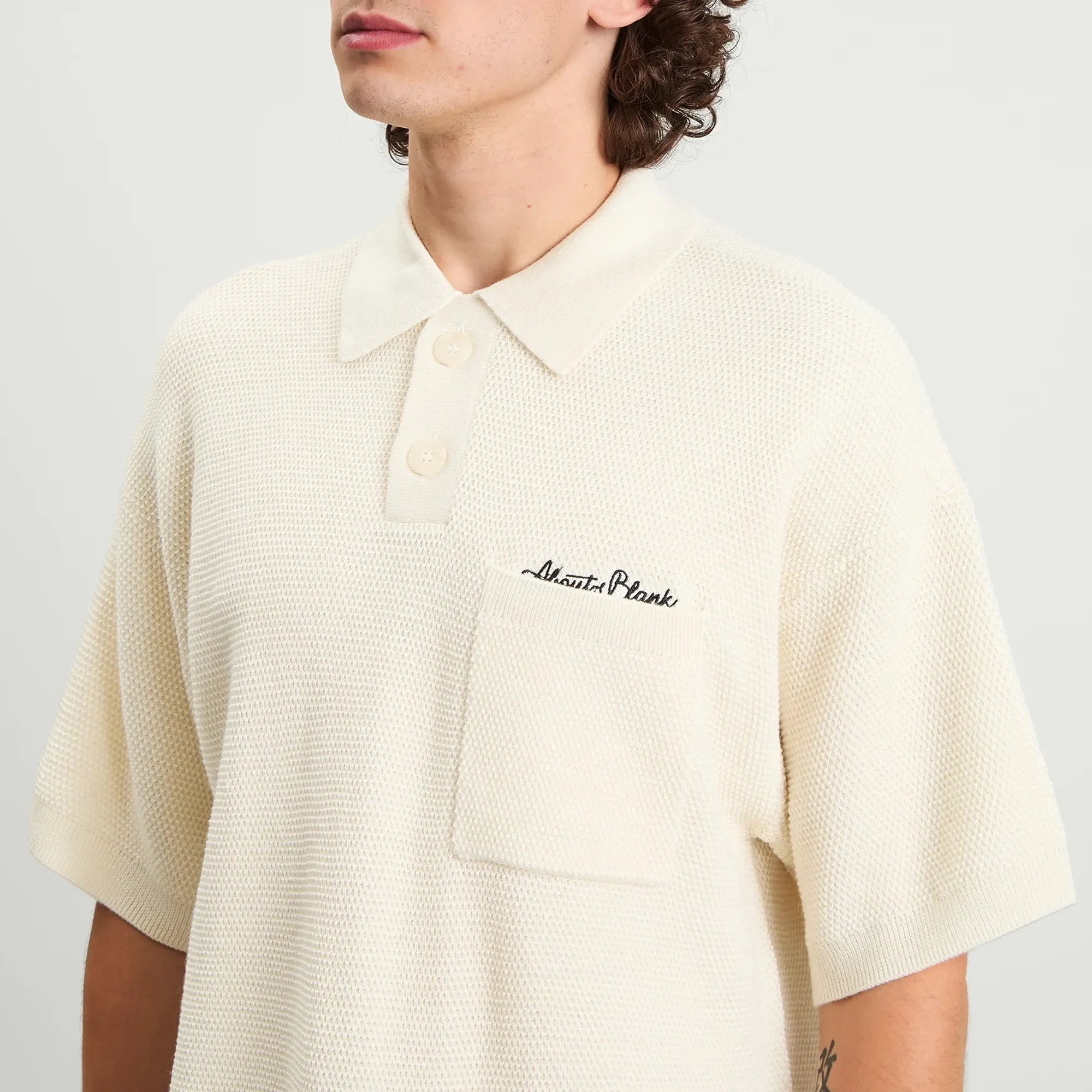 about:blank Men's Pique Knitted Polo Ecru/Black