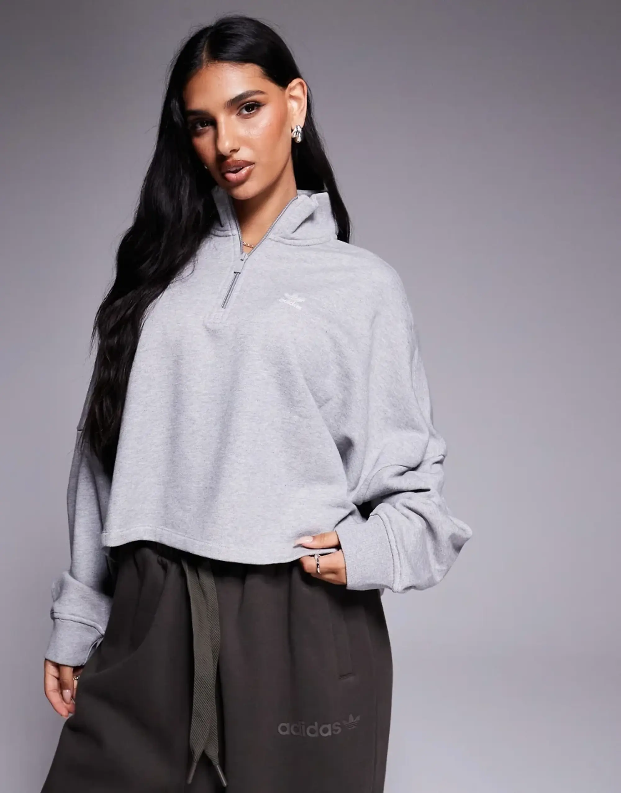 Adidas Originals Trefoil Essentials Half Zip Sweatshirt In Grey