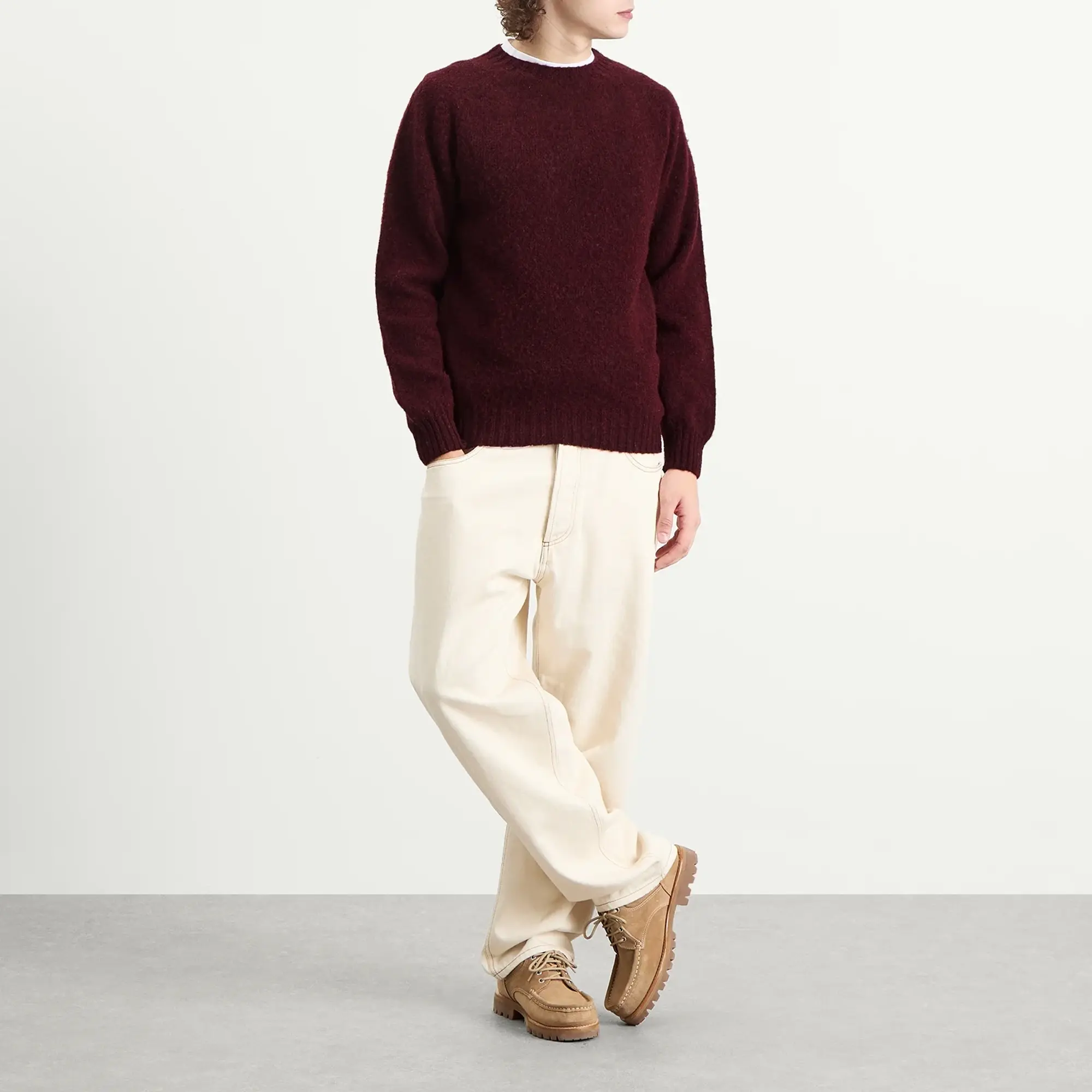 Drake's Men's Brushed Shetland Crew Neck Jumper Burgundy