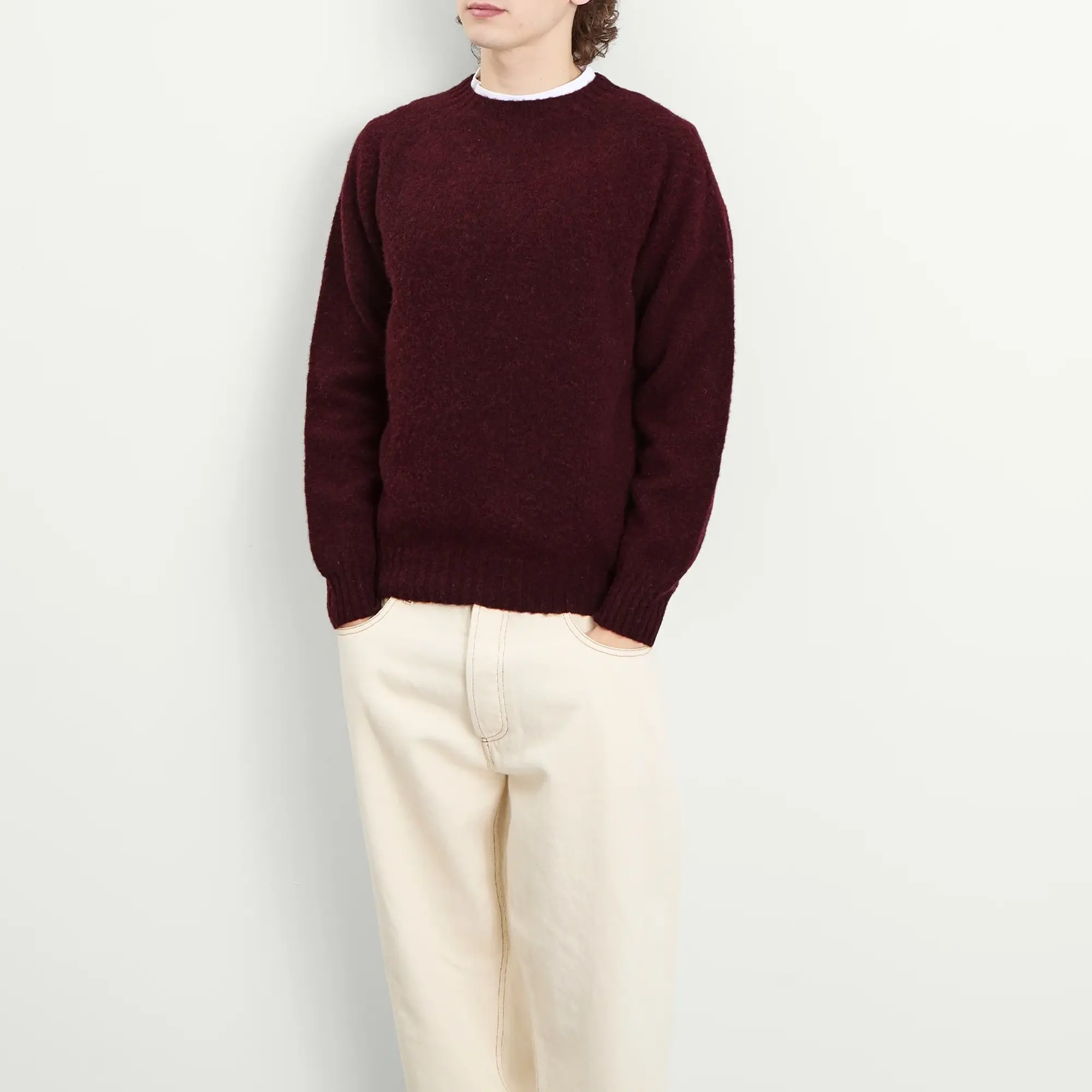 Drake's Men's Brushed Shetland Crew Neck Jumper Burgundy