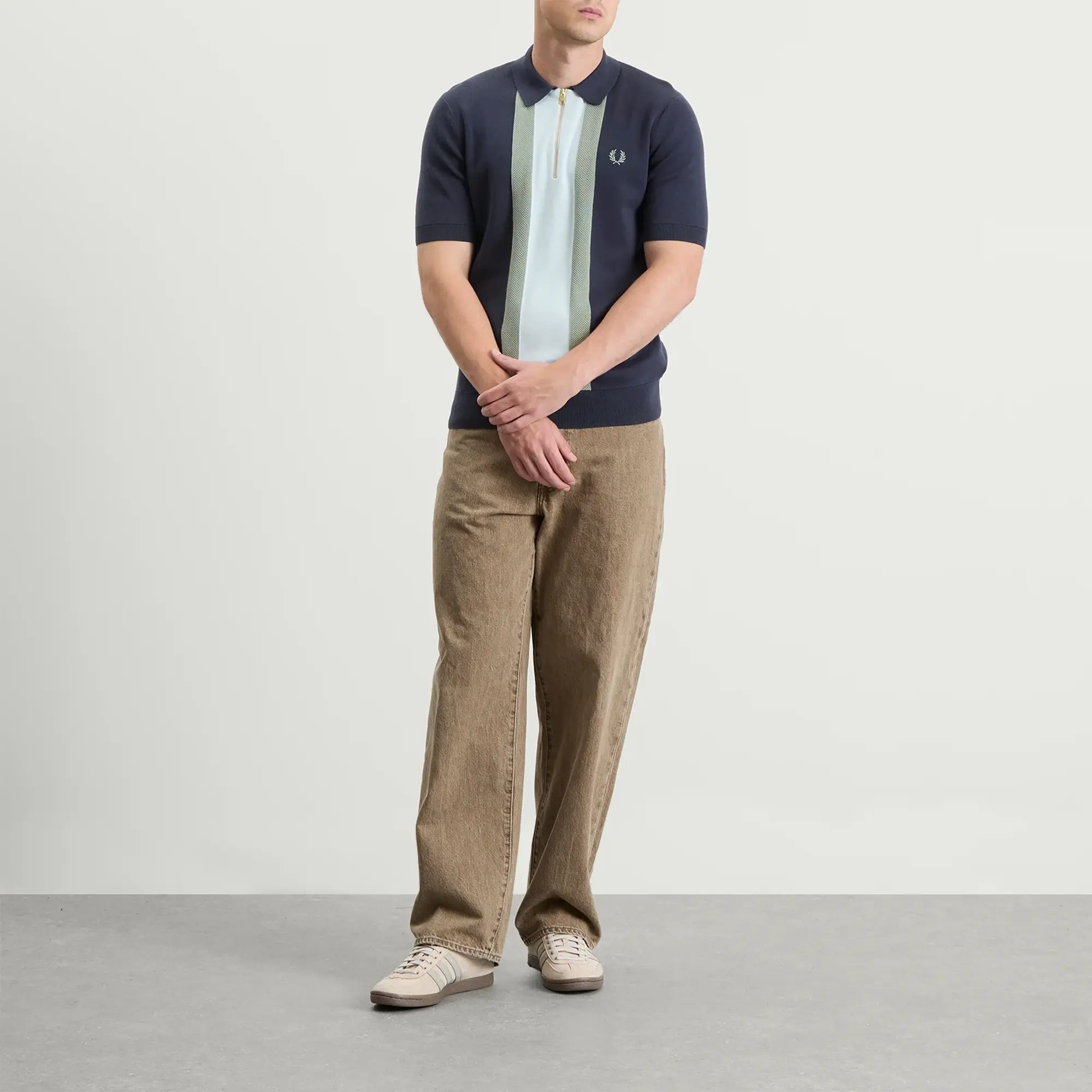 Fred Perry Men's Textured Stripe Knitted Zip Polo Shirt Dark Airforce