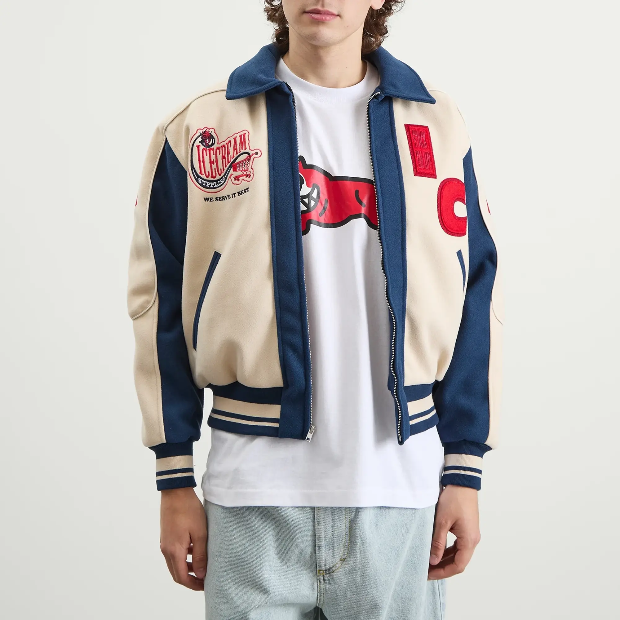 ICECREAM Men's Checkout Varsity Jacket Ecru/Blue
