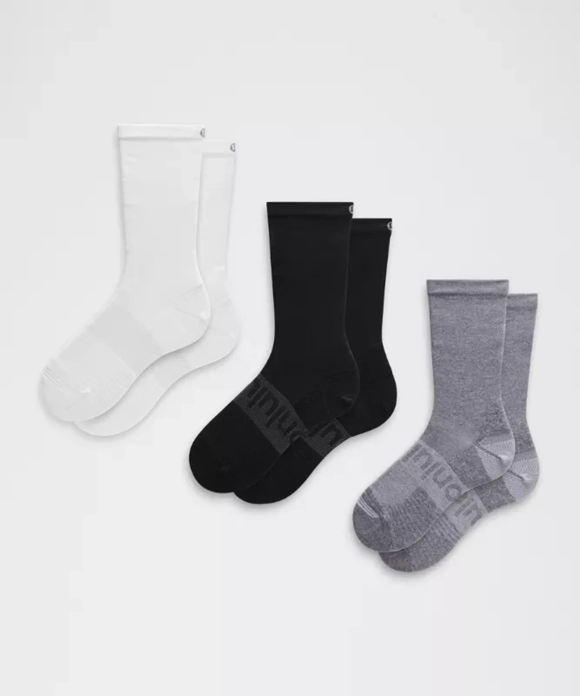 lululemon – Unisex Power Stride Crew Socks 3 Pack – Color White/Grey/Black – Size L
