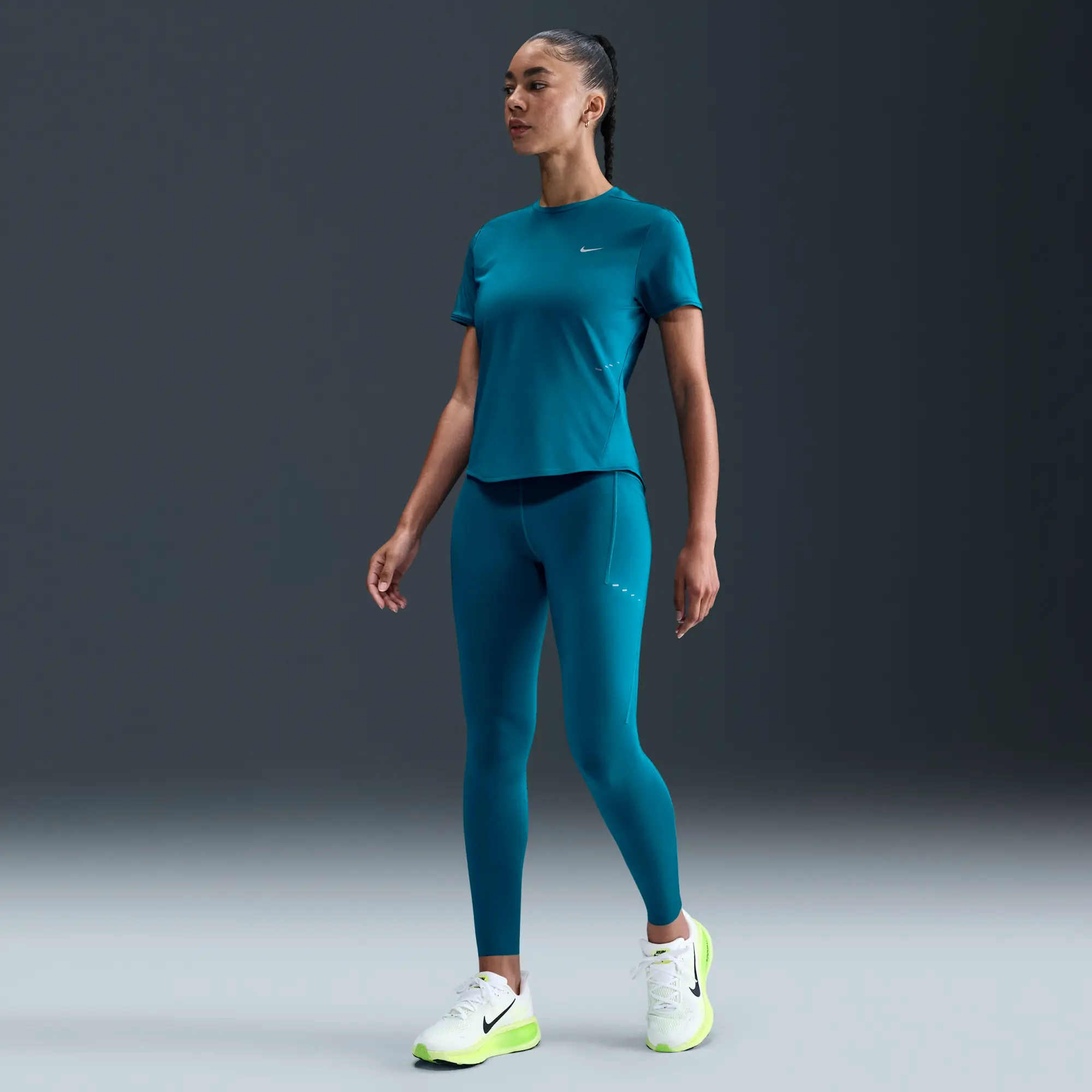 Nike Swift Women's High-Waisted 7/8 Running Leggings with Pockets - Blue - Internal Drawcord