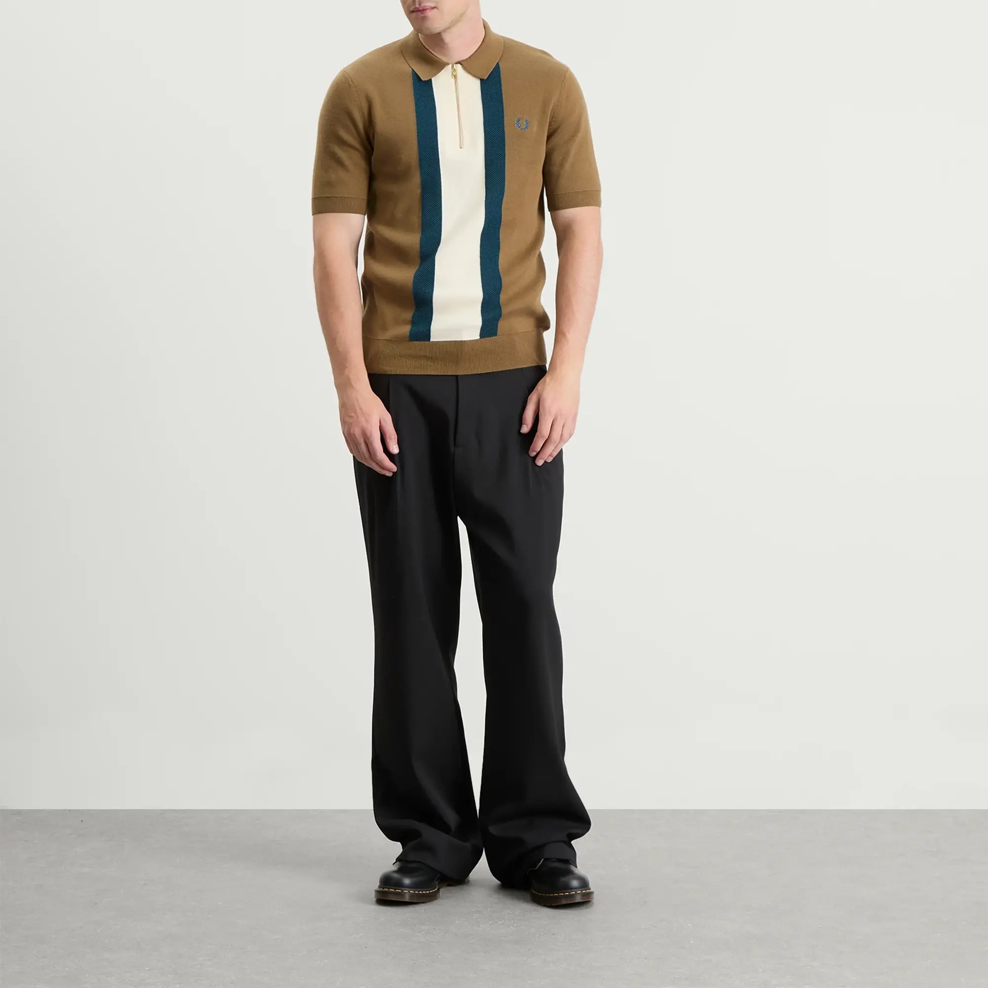Fred Perry Men's Textured Stripe Knitted Zip Polo Shirt Shaded Stone