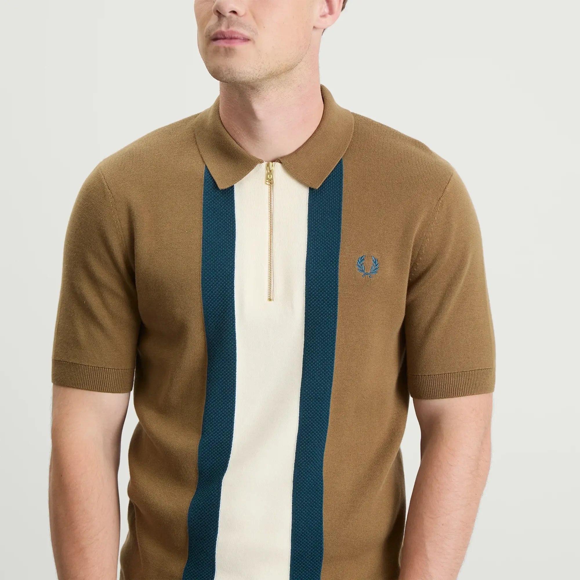 Fred Perry Men's Textured Stripe Knitted Zip Polo Shirt Shaded Stone