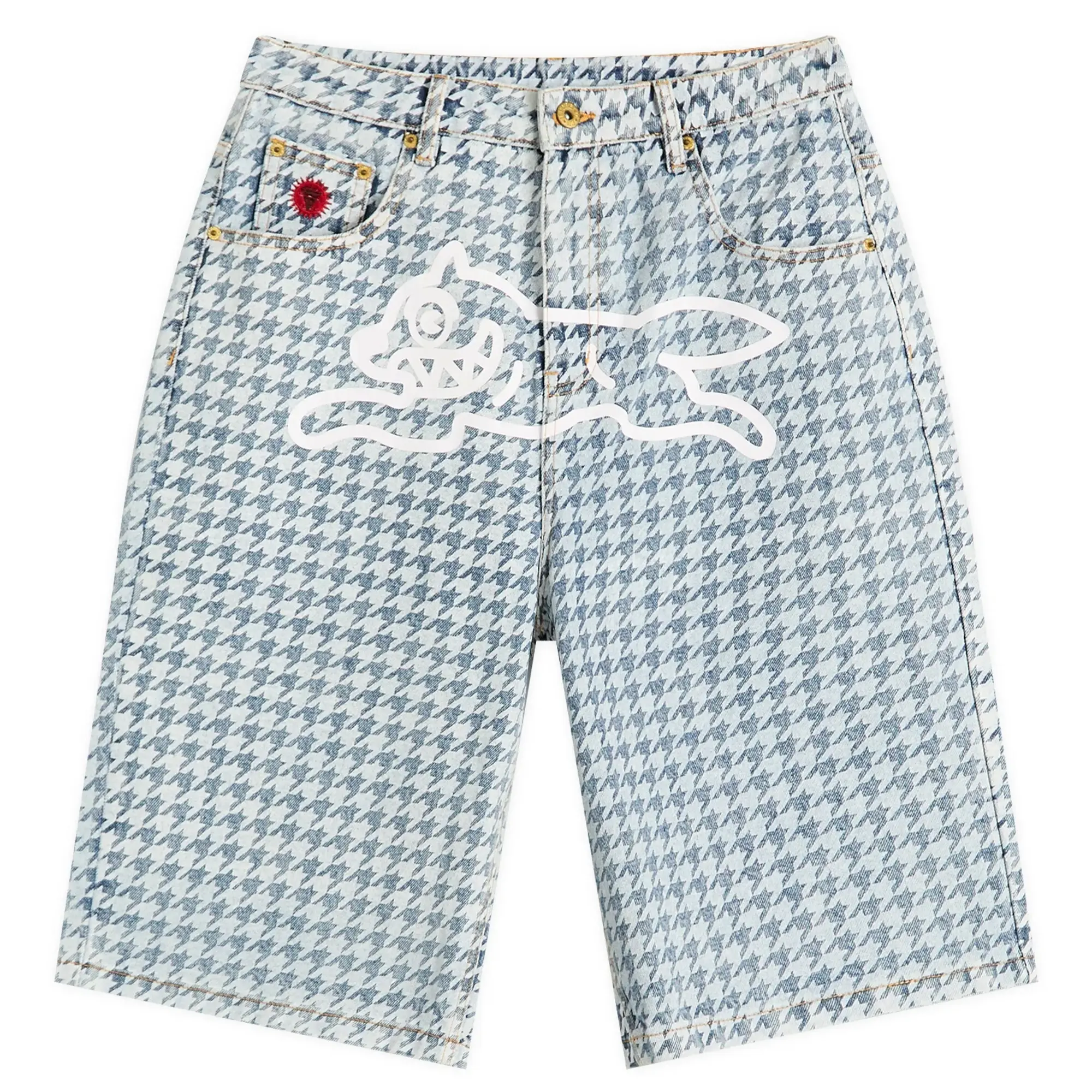 ICECREAM Women's Houndstooth Running Dog Denim Shorts Light Wash Blue