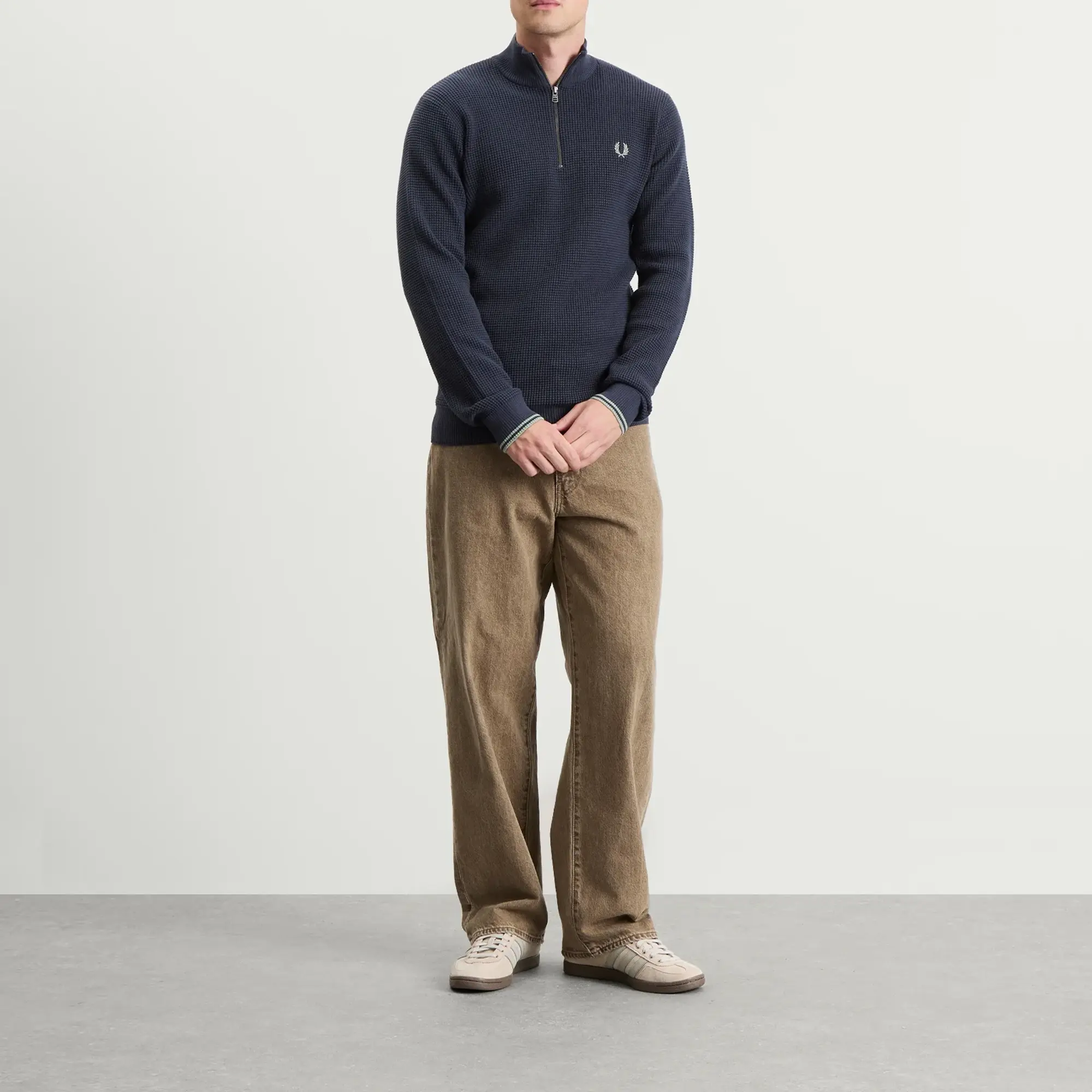 Fred Perry Men's Waffle Zip Half Zip Jumper Dark Airforce