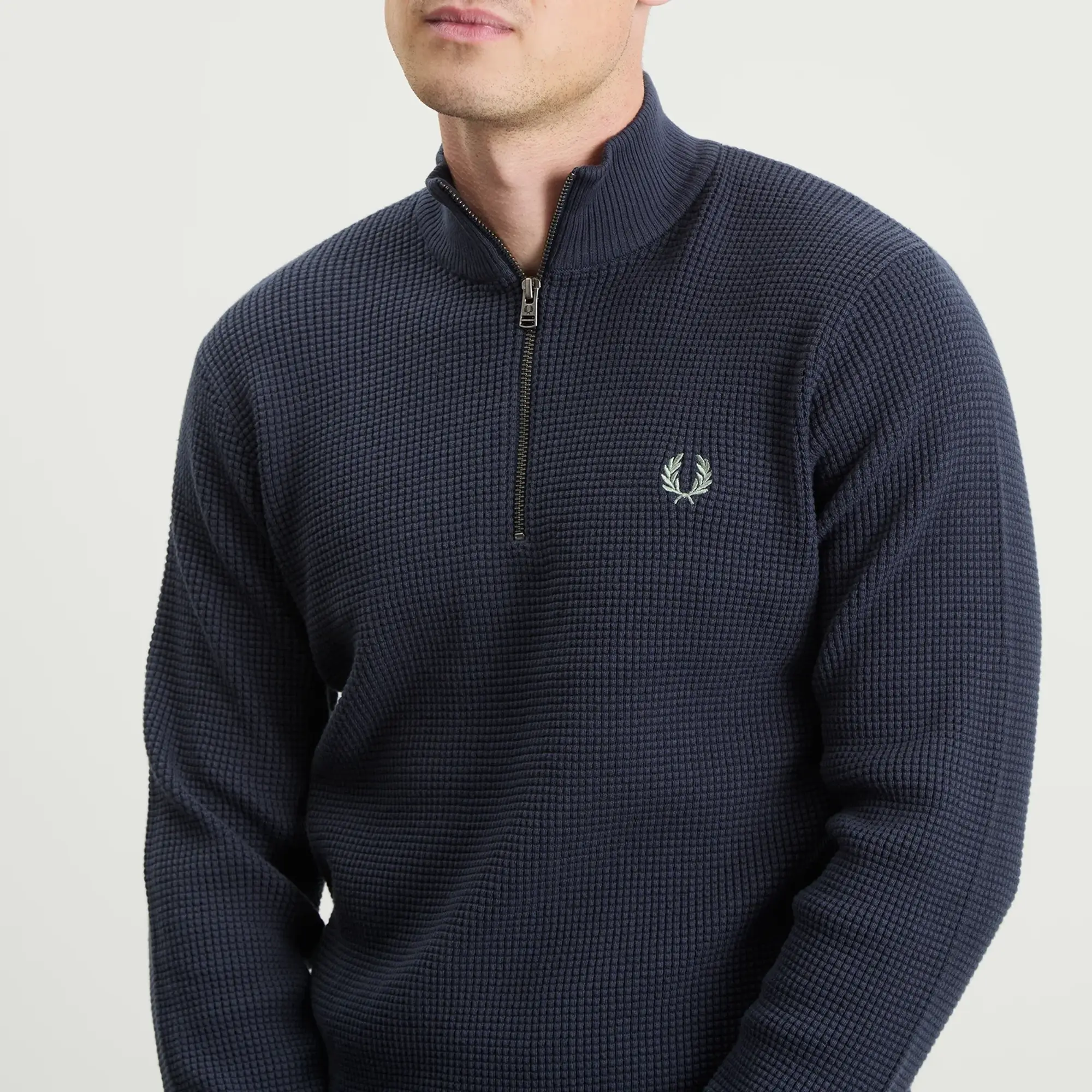 Fred Perry Men's Waffle Zip Half Zip Jumper Dark Airforce