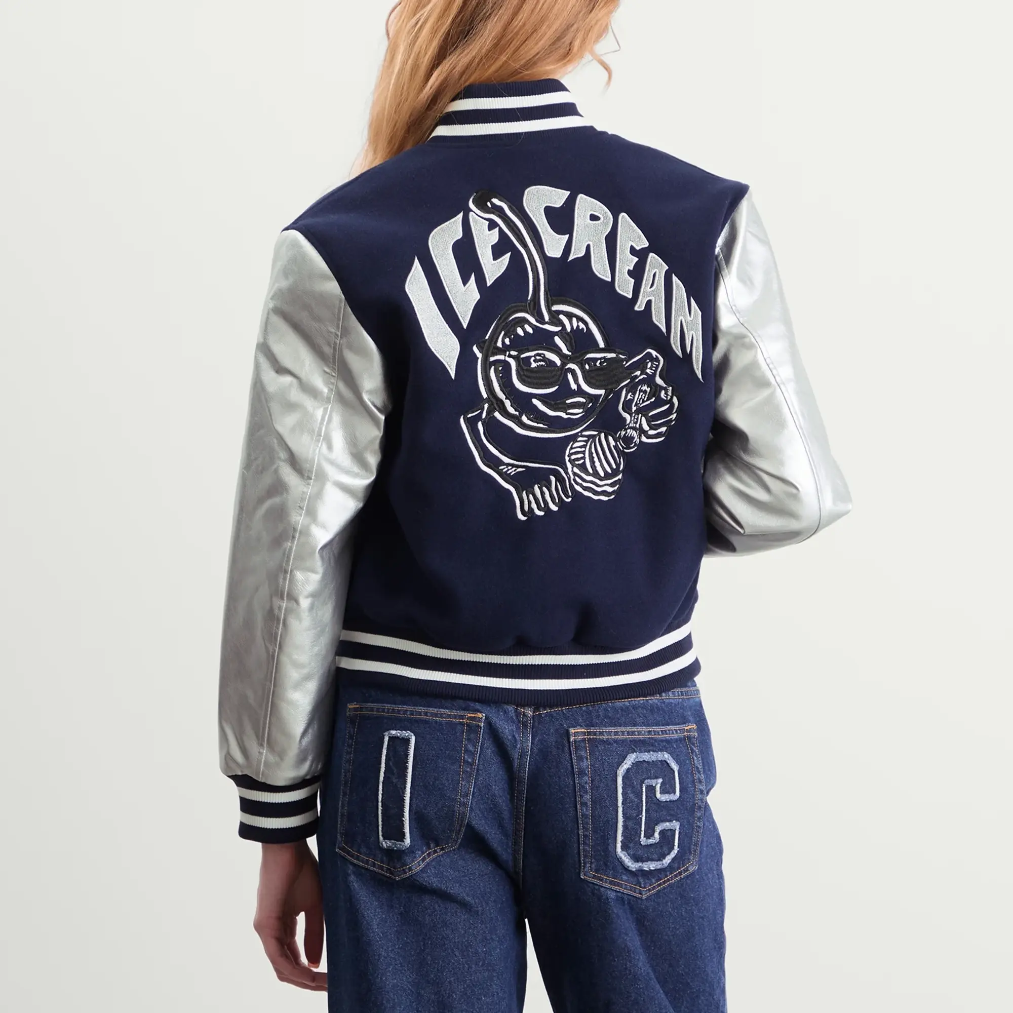 ICECREAM Women's Cherry Varsity Jacket Navy/Silver