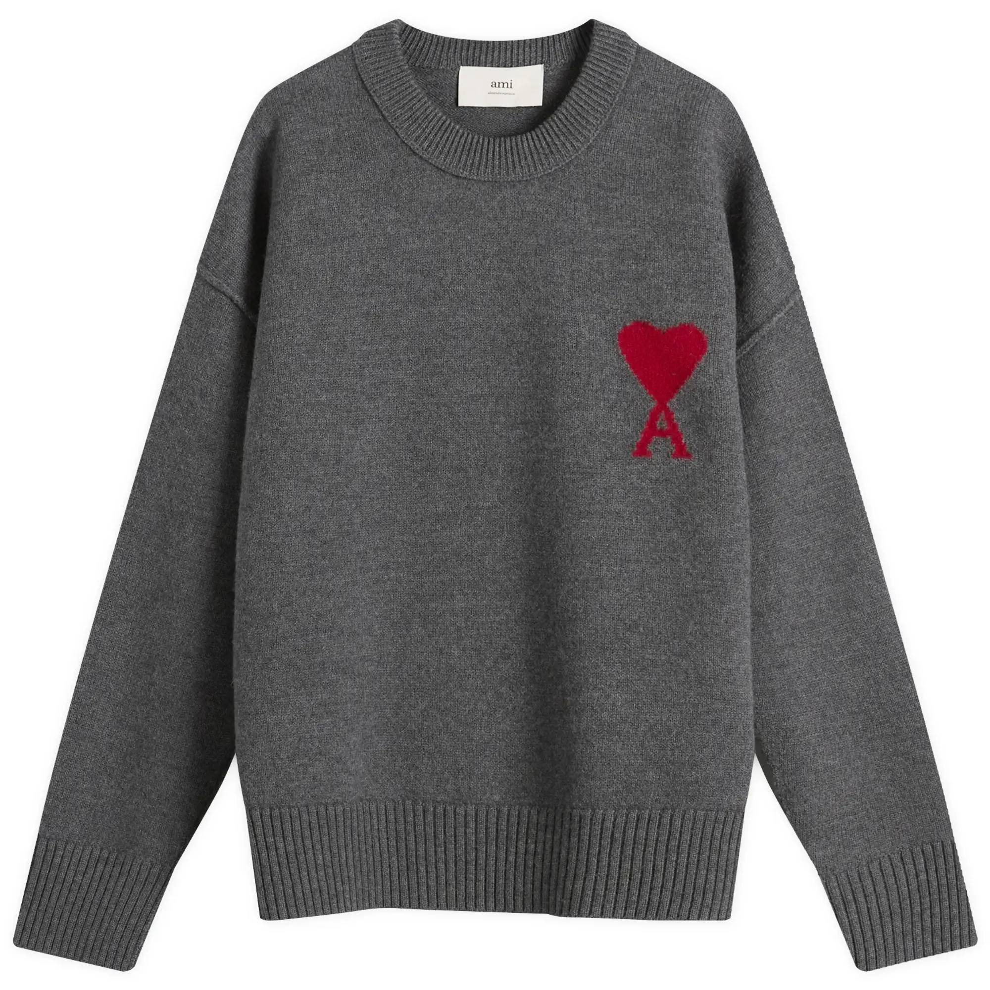 AMI Paris Men's Felted Merino Wool Knit ADC Crew Neck Jumper Gris Chine / Rouge